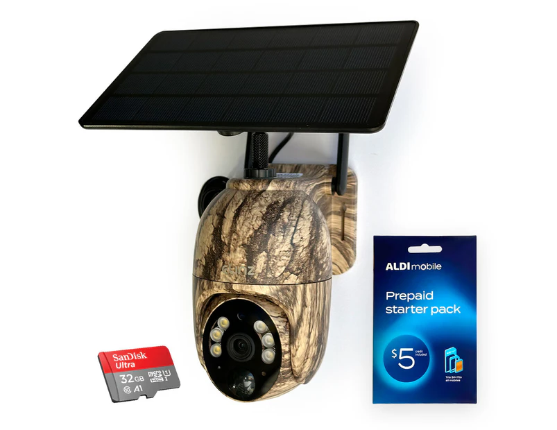 Elinz 4G Cellular PTZ Solar Powered Camouflage Outdoor Security Camera 3MP 2K HD Resolution IP65 for Trail Wildlife Surveillance CCTV 32GB Aldi