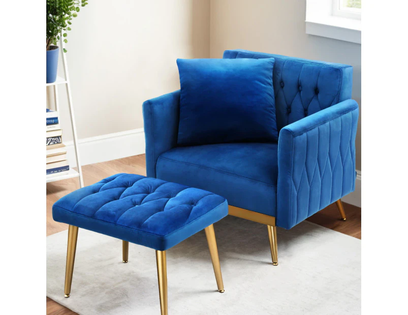 Artiss Armchair Ottoman Accent Chair Pillow Velvet Blue