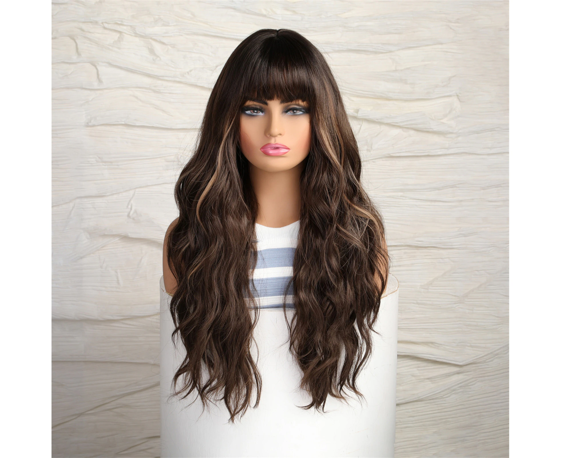 Long Curly Brown Hair Wig Natural and Voluminous Wavy Curls with Fringes Women's Wig with Hair Net Heat Resistant Synthetic for Cosplay Party Daily Use