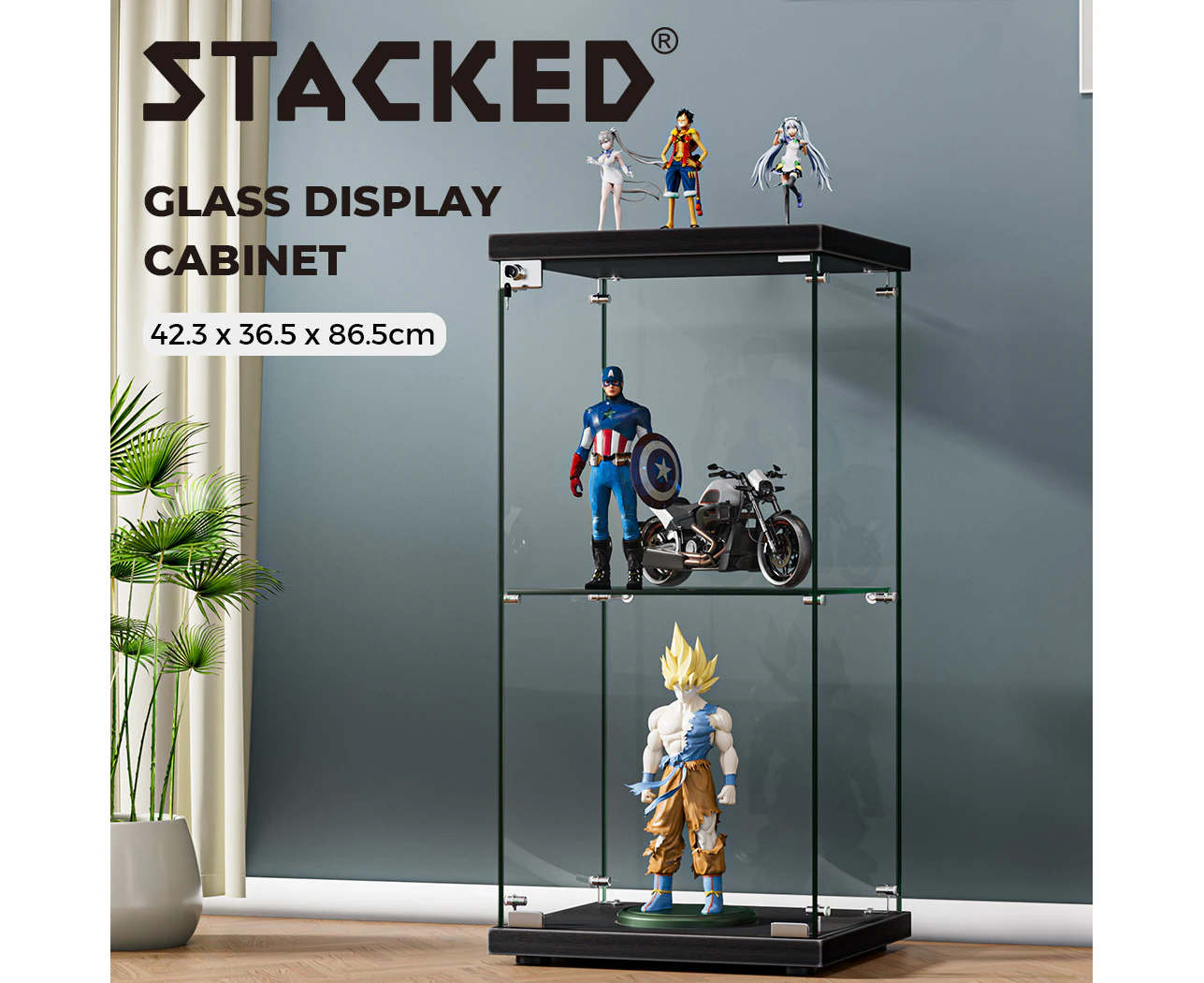 Stacked Display Cabinet Tempered Glass Lockable Clear Collection Storage 2 Tier