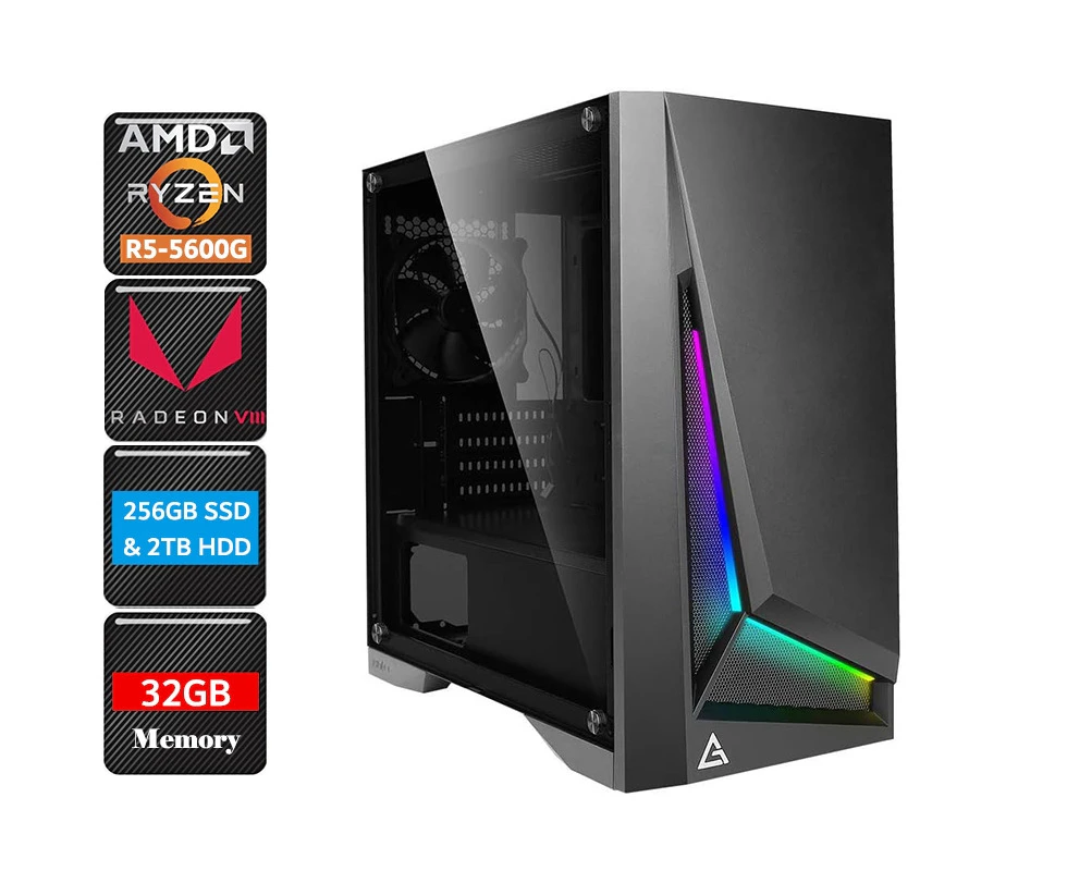 AMD Ryzen 5 5600G Gaming PC Office Desktop, 32GB RAM/240GB SSD/2TB HDD/Win 11P [5600G-32G2T-DP301M-W11P]