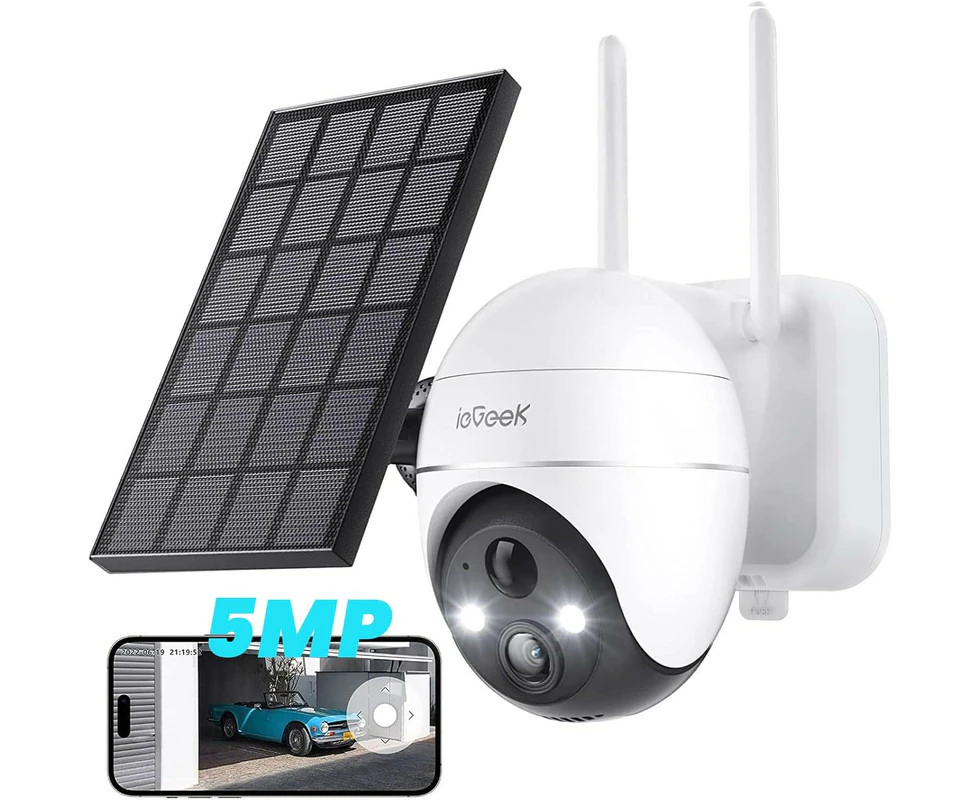 5MP Security Cameras Wireless Outside, Solar Camera Outdoor Wireless WiFi 360° PTZ Battery Powered with Spotlight & Siren/Motion Detection,Alexa