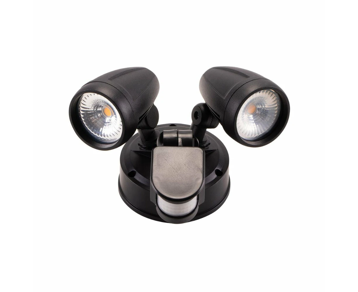 Lummax EXWB826S - 26W LED Single Colour Twin Head Exterior Spotlight With Sensor IP44 - Black / 3000K