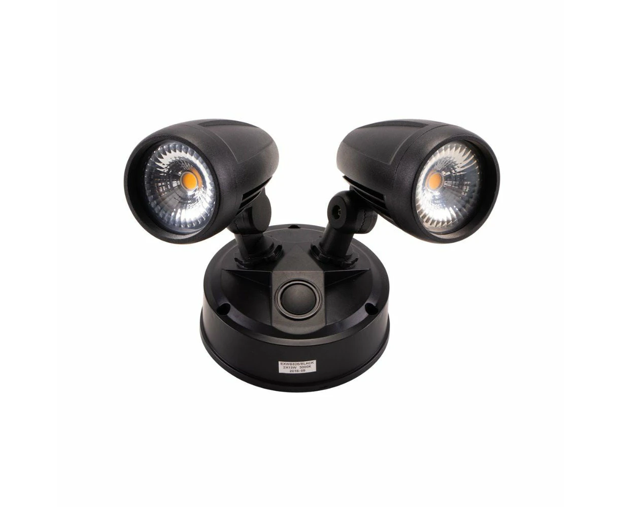 Lummax EXWB826 - 26W LED Single Colour Twin Head Exterior Spotlight IP54 - Black / 6000K