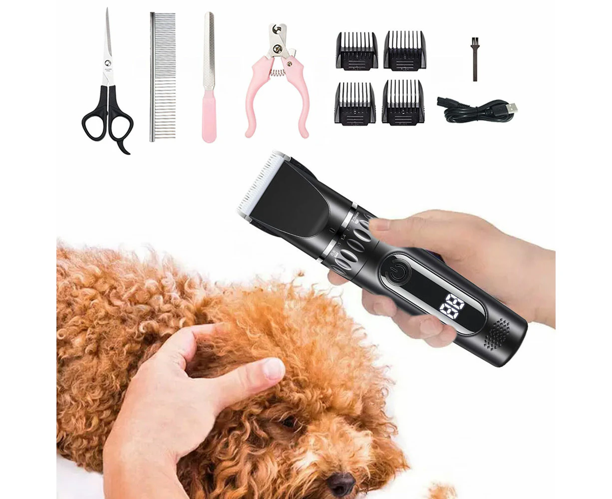 Electric Dog Cat Clippers Grooming Kit Pet Hair Shaver Cordless Trimmer Set-Black