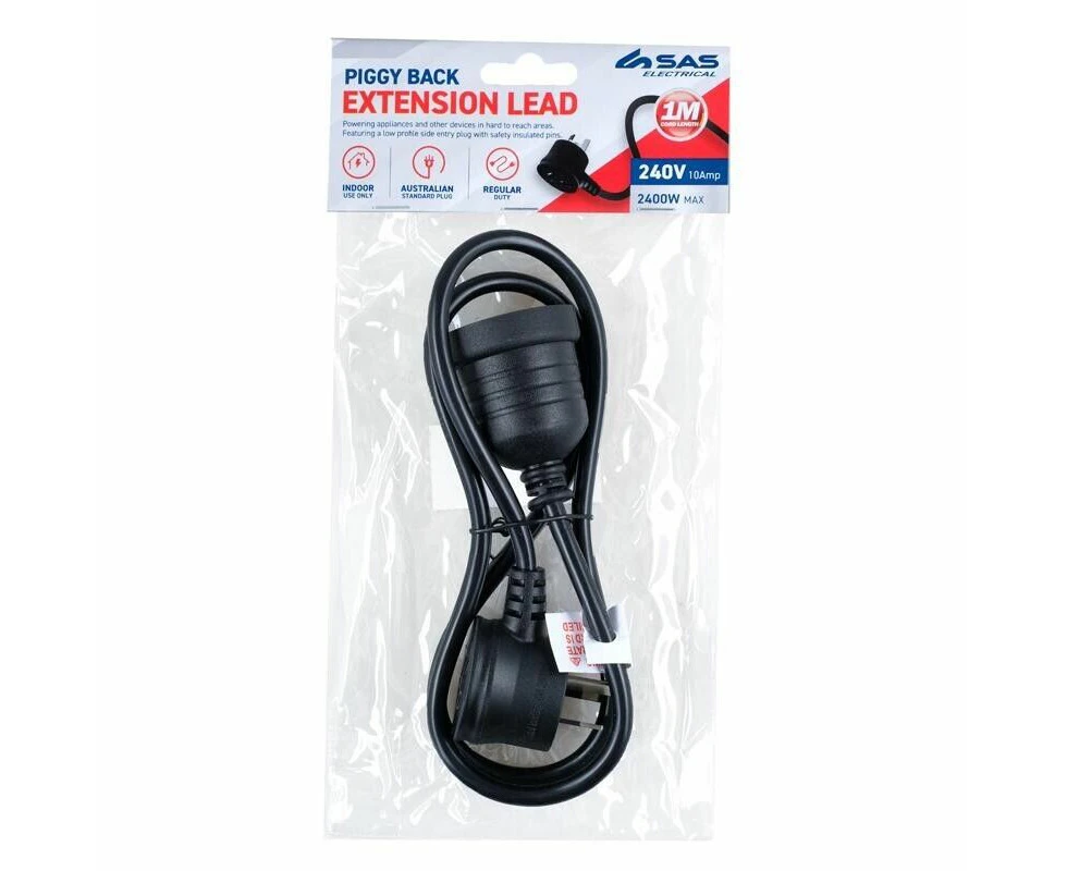 1PCE Piggy Back Extension Lead 1 Meter Black 240V 10A Max Load 2400W