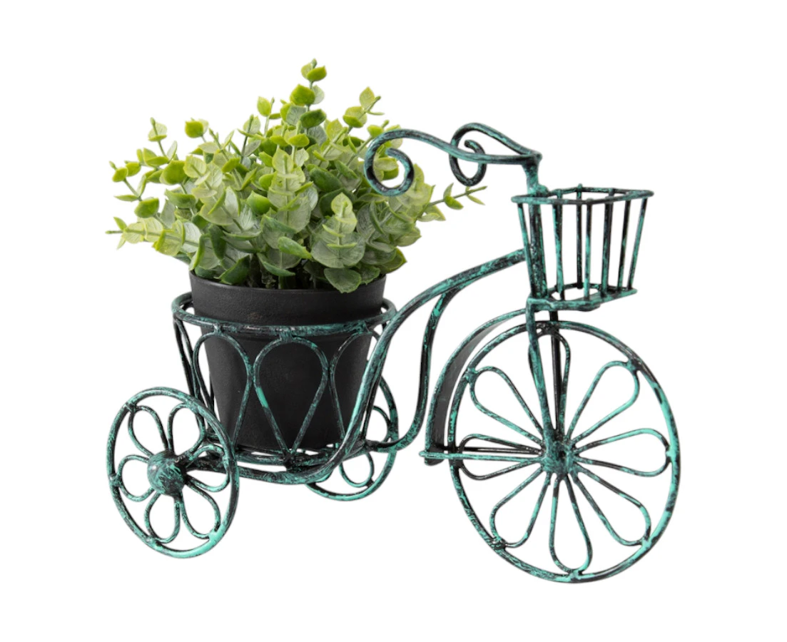 Distressed Aqua Small Bicycle Decorative Garden Pot Plant Holder with Basket