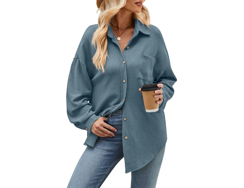 Women's Waffle Knit Long Sleeve Shirts Jacket Button Tops with Pocket -Mist Blue