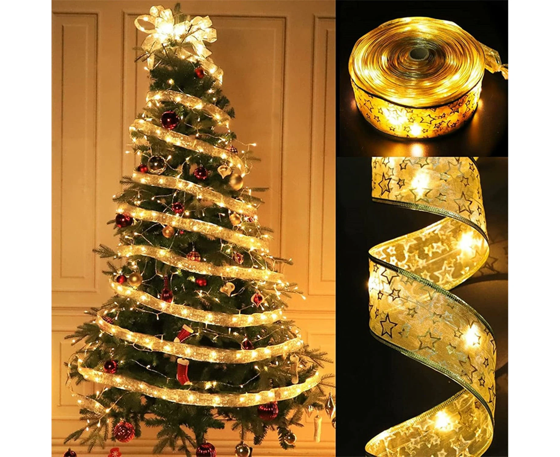 Xmas Ribbon Fairy Lights, Outdoor Fairy Lights, 2 Metre Xmas Tree Ribbon, Sparkling Ribbon Fairy Lights, Xmas Tree LED Ribbon Xmas Lights