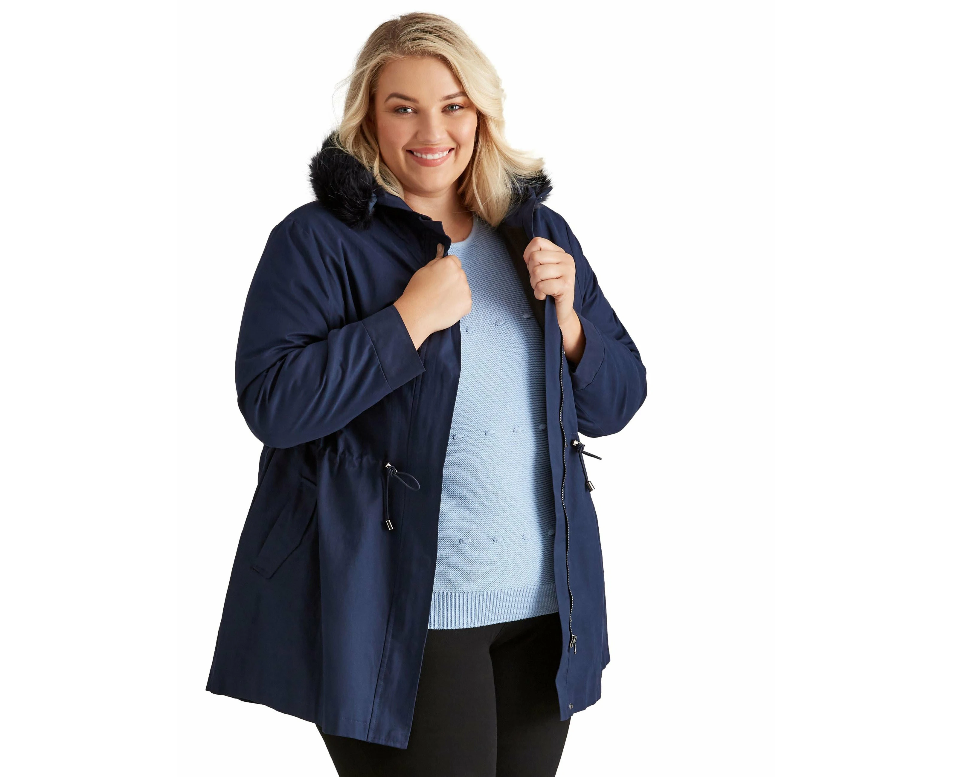 Autograph - Plus Size - Womens Long Cotton Jacket Blue Winter Coat Fleece Lined - Long Sleeve - Navy - Parka - Casual Work Wear - Fashion Clothing