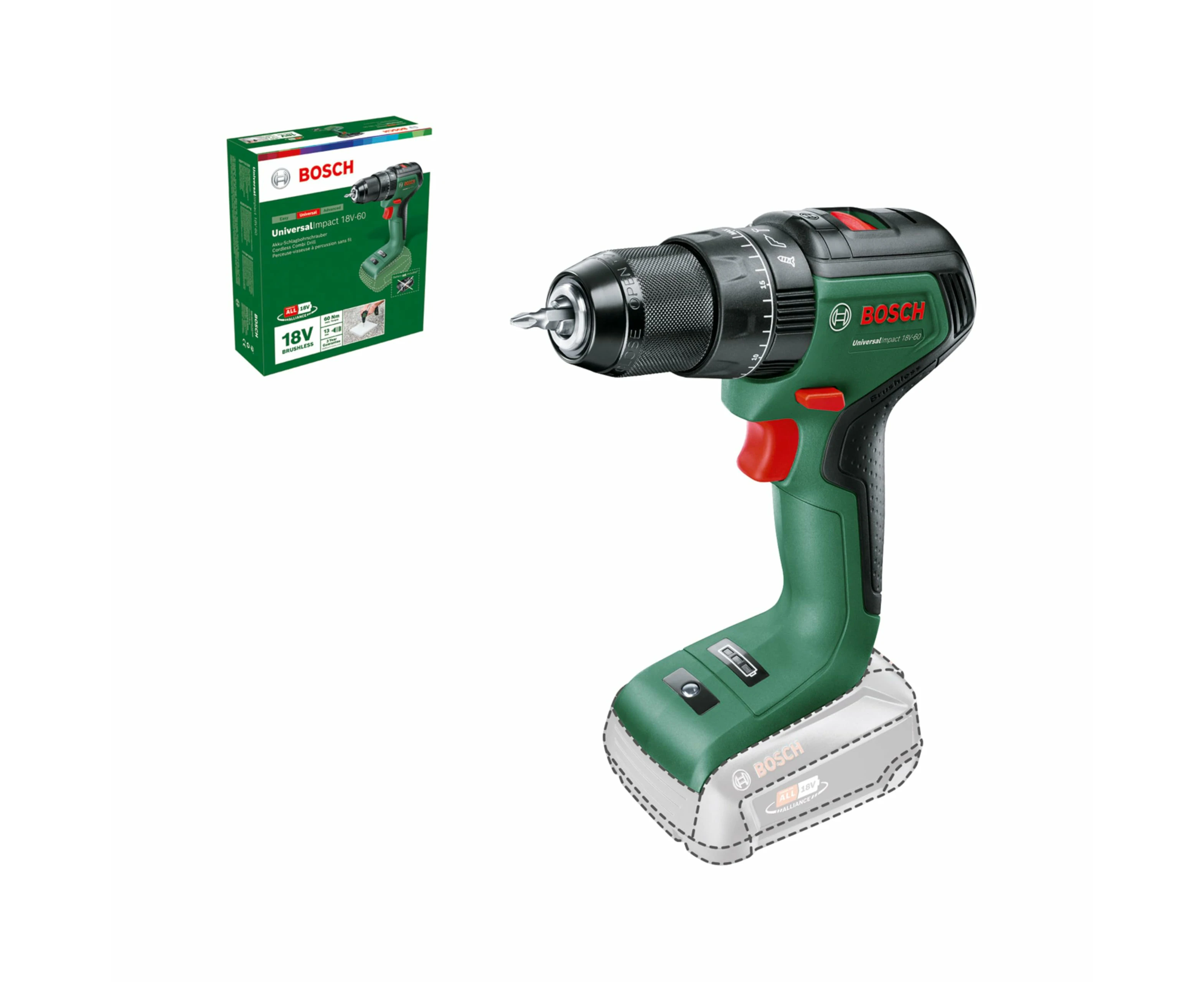 Bosch Home and Garden 06039B510C Cordless Drill AdvancedImpact 18 (Without Battery, 18 Volt System, in case), New Design, Classic Green, AdvancedImpact