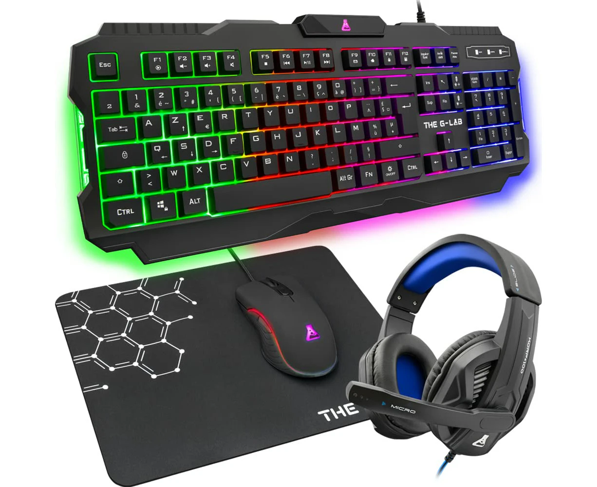 The G-LAB Combo ARGON E – 4 in 1 Gaming Set – Backlit AZERTY Gaming Keyboard, 3200 DPI Gaming Mouse, Microphone Gaming Headset, Non-Slip Mouse Mat – Gaming