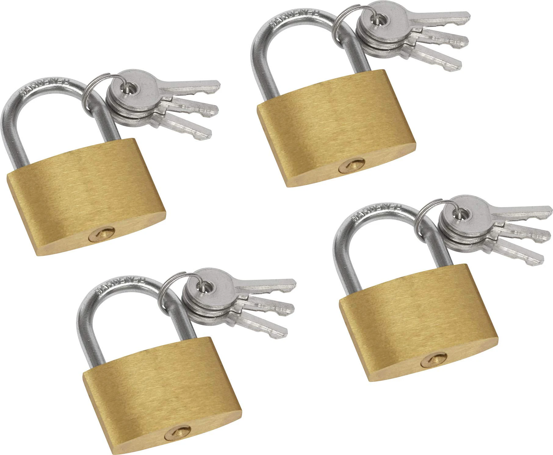 Meister 9515400 Padlocks 35 mm Pack of 4 Different Locking Brass Shackle Steel with 12 Keys/Padlocks in Practical Set/Shackle Lock