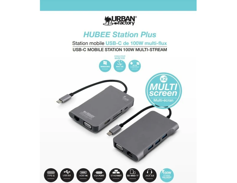 USB C Hub by Urban Factory Hubee Plus 100watt, Docking Station, Dual Monitor HDMI for Notebook/Laptop/Windows/MAC/IOS, Multiport Adapter, 4K HDMI, VGA, RJ4