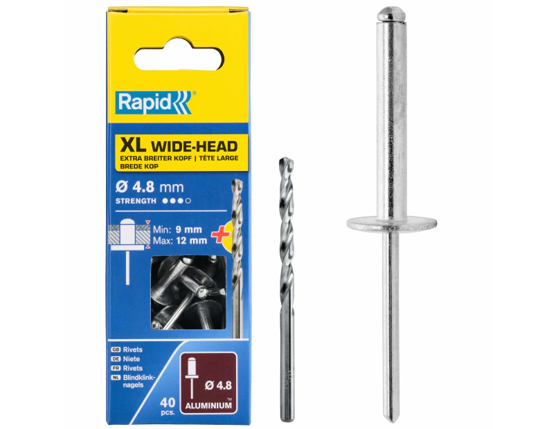 Rapid XL Rivets Including Drill Bit, Ø4.8 x 12 mm, Pack of 40, 5000664