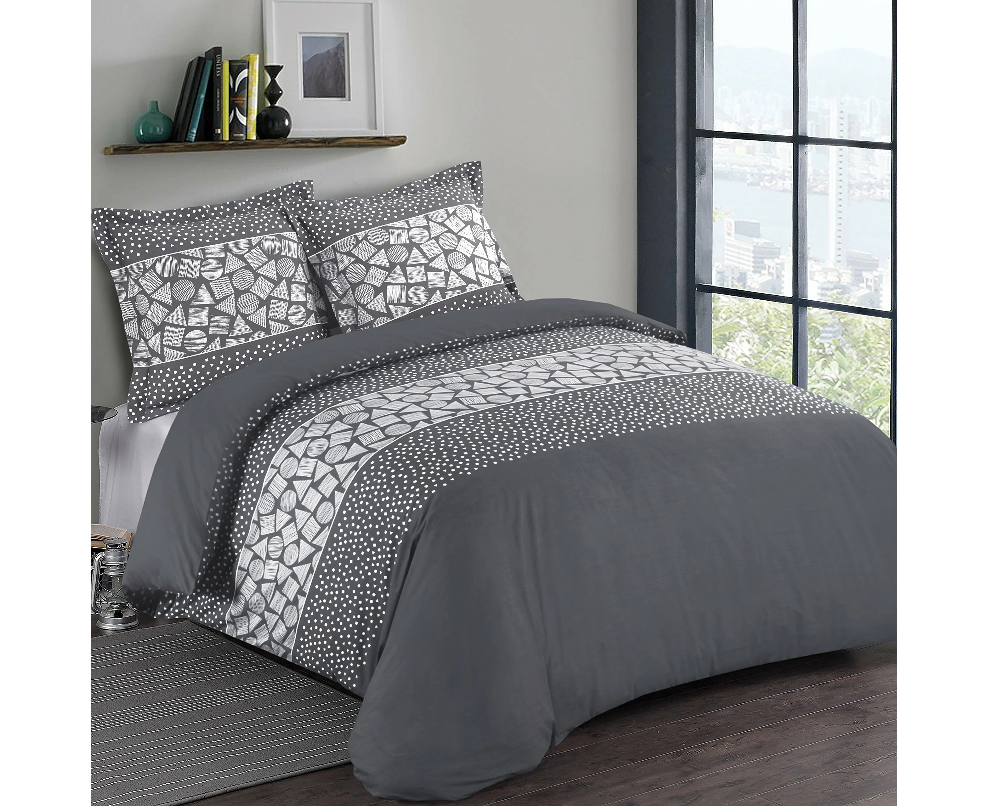 Vision Arthur Duvet Cover and 2 Matching Pillowcases, Cotton, Grey, 240 x 220 cm