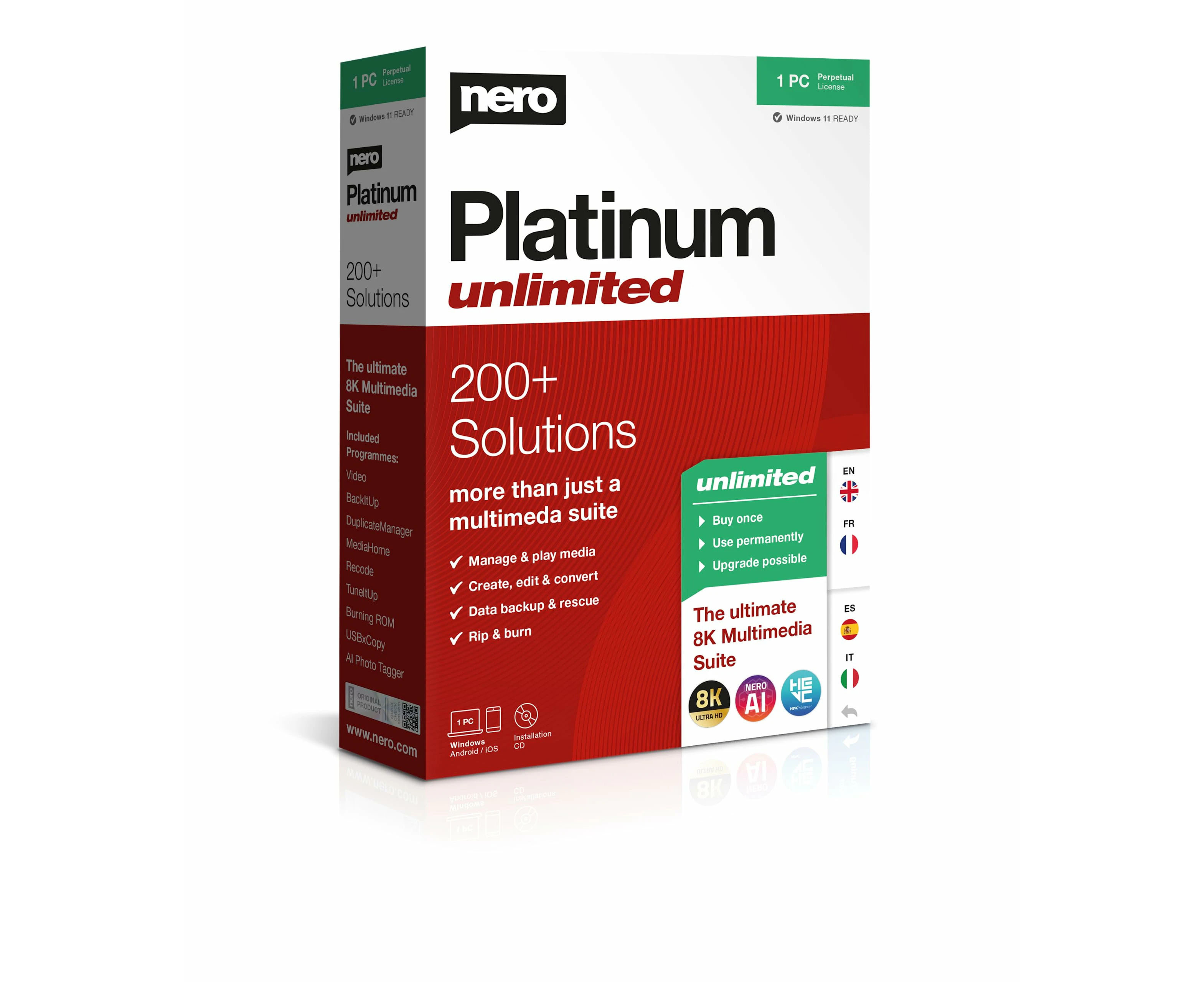 Nero Platinum Unlimited | Video Editing | Backup | Manage and Play Media | 8K | Photos | Music | PC Tuneing | 1 PC | Windows 11 / 10 / 8 / 7