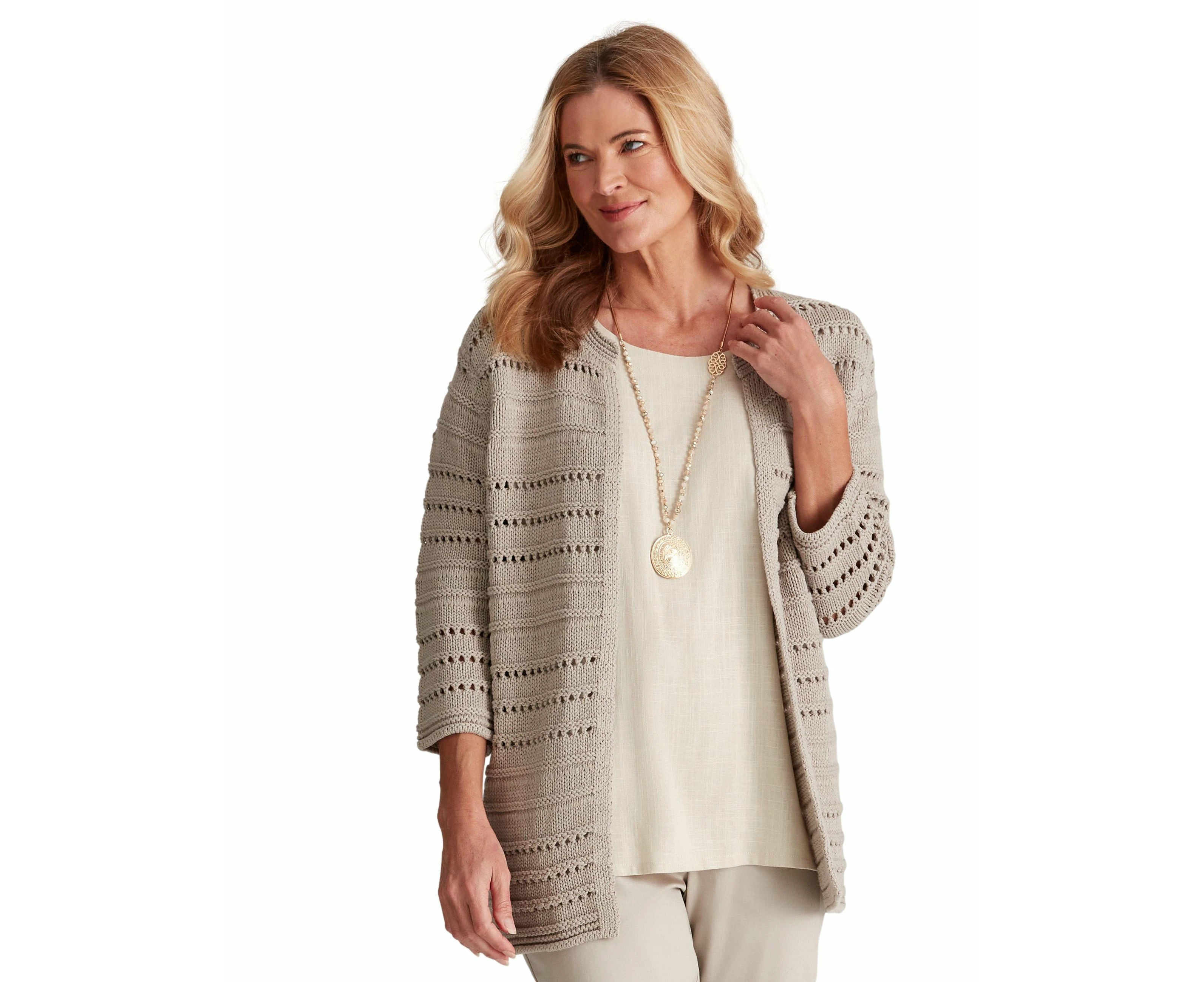 Noni B - Womens - Jumper - Winter - Beige Linen - Cardigan / Cardi - Knit - 3/4 Sleeve - Solid Atmosphere - Relaxed Fit - Office Wear - Work Clothes