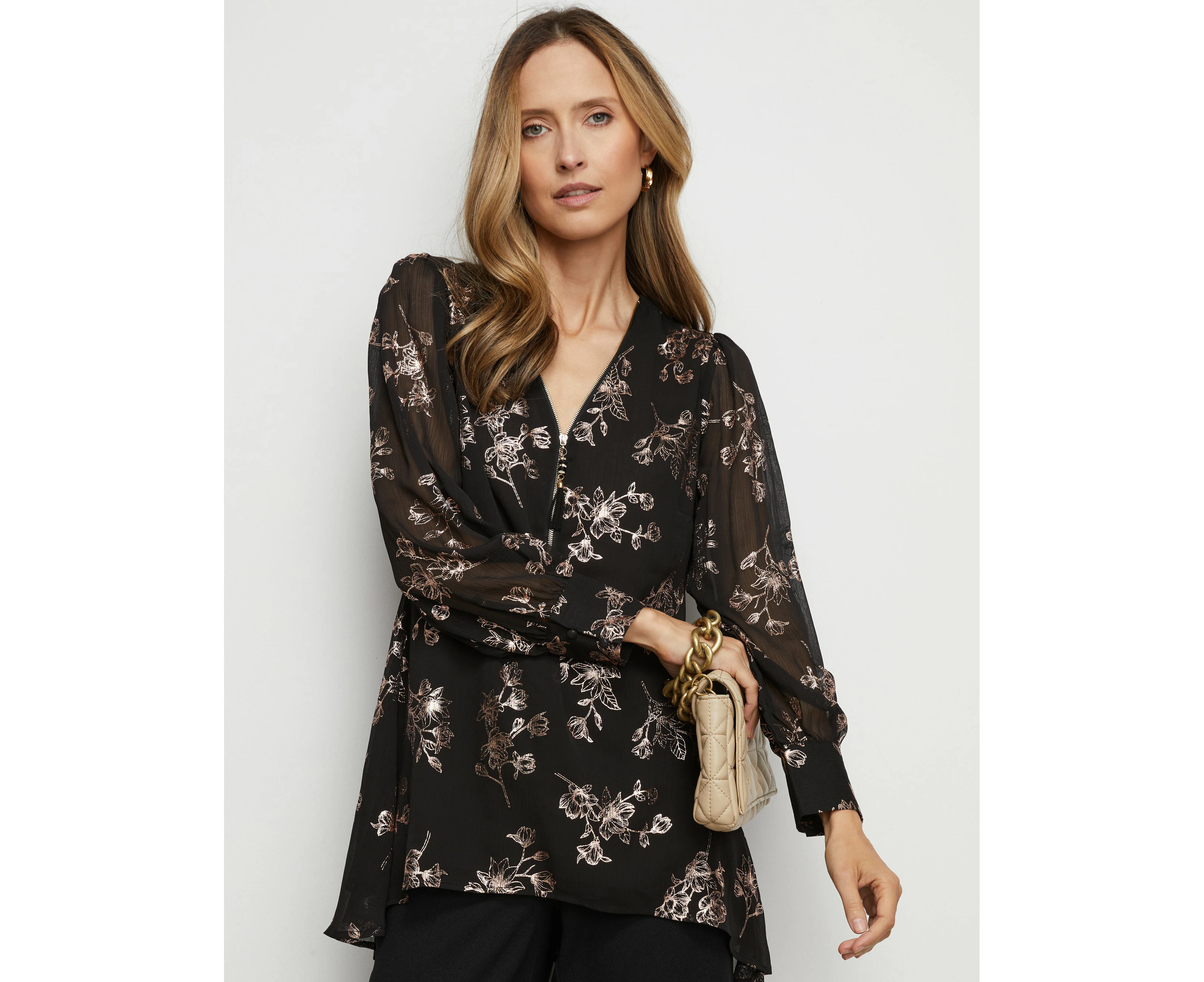 Liz Jordan - Womens - Tops - Winter - Basic - Black - Long Sleeve - V Neck - Relaxed Fit - Length Long - Floral - Casual Office Wear - Work Clothes