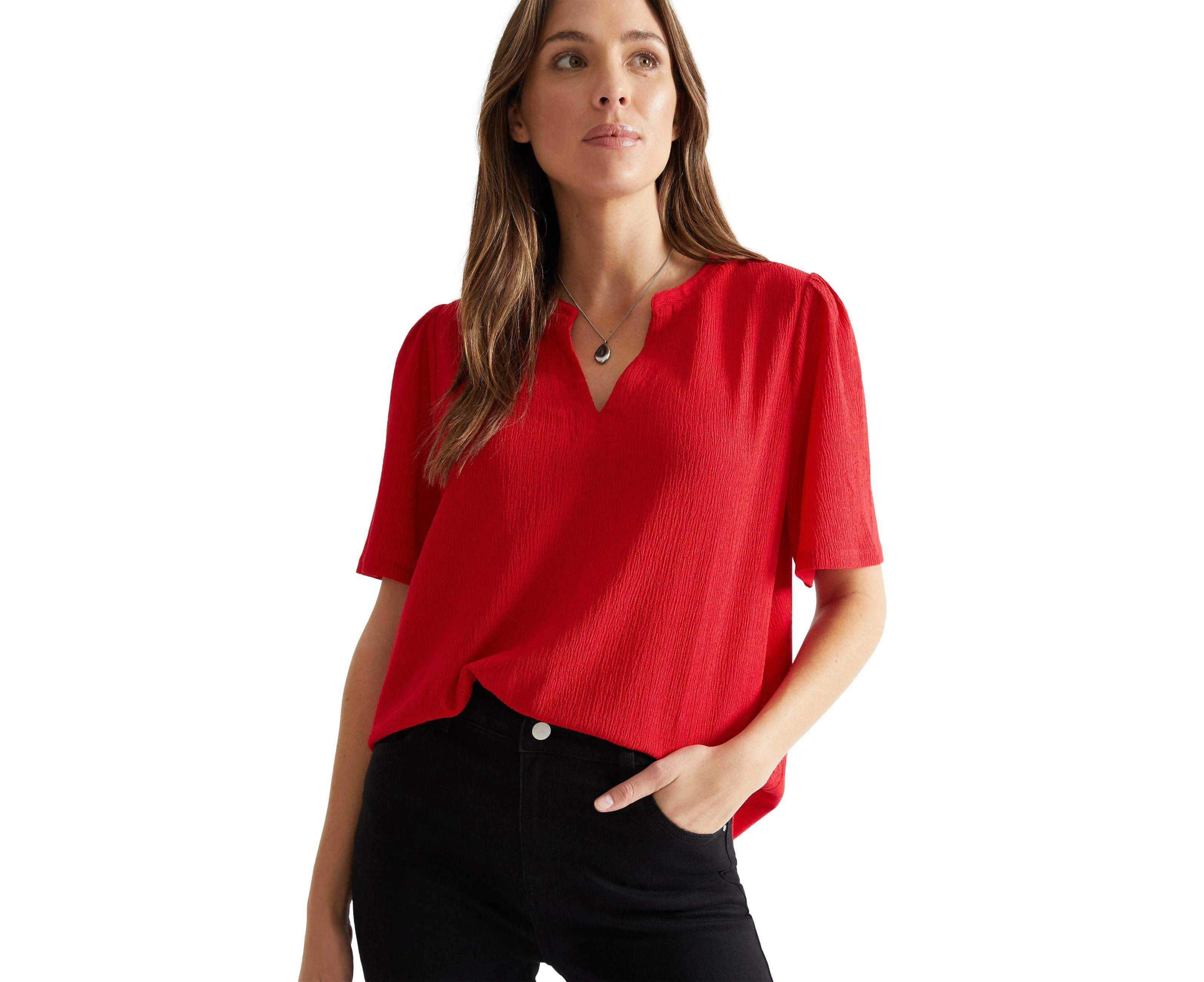 Katies - Womens - Summer - Tops - Red - Basic - Short Sleeve - Knit - Texture - V Neck - Smart Casual - Fashion Apparel - Office Wear - Work Clothes