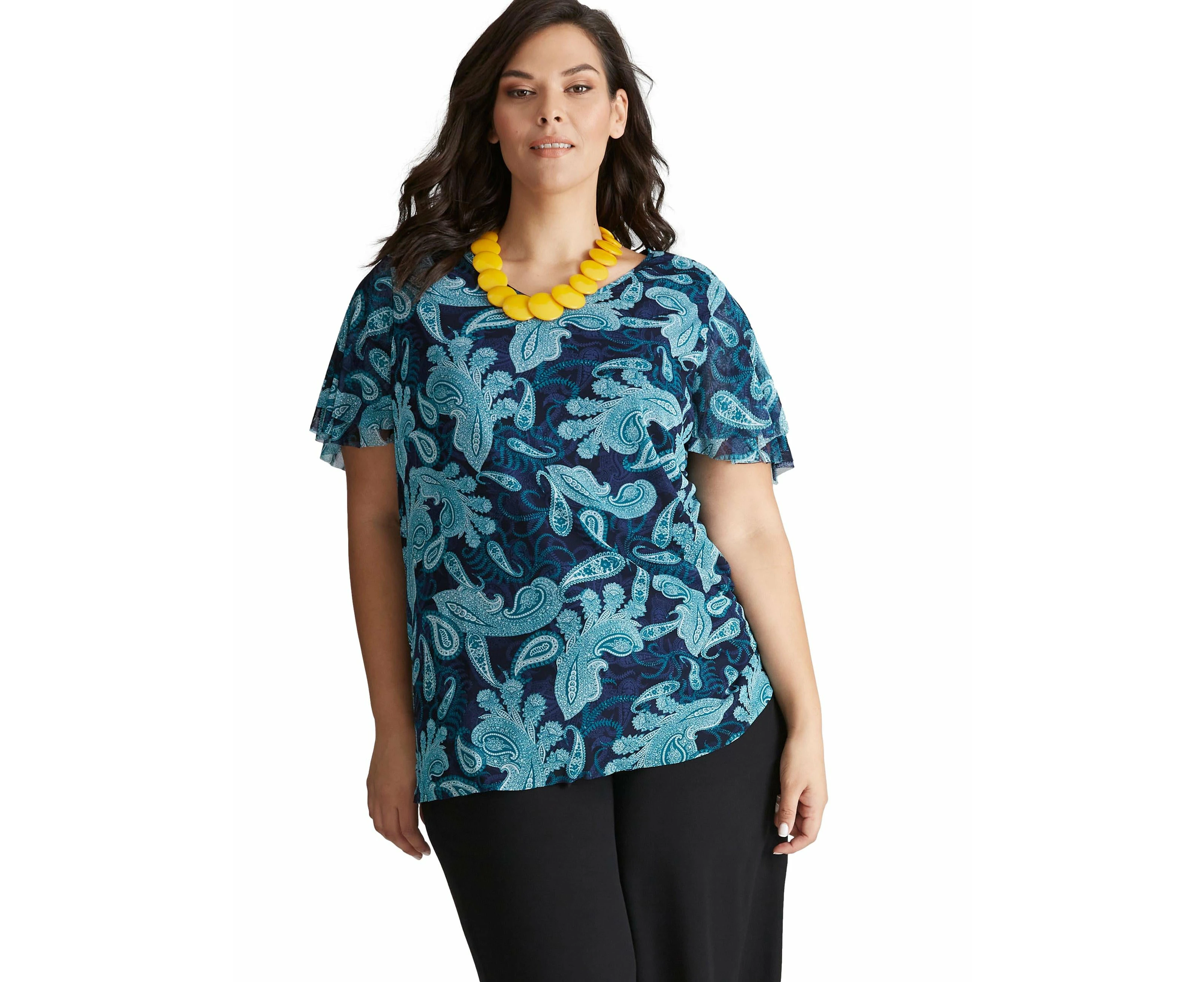 Autograph - Plus Size - Womens Summer Tops - Blue Basic - Paisley - Work Clothes - Short Sleeve - Flutter - Everyday Office Wear - Casual Fashion