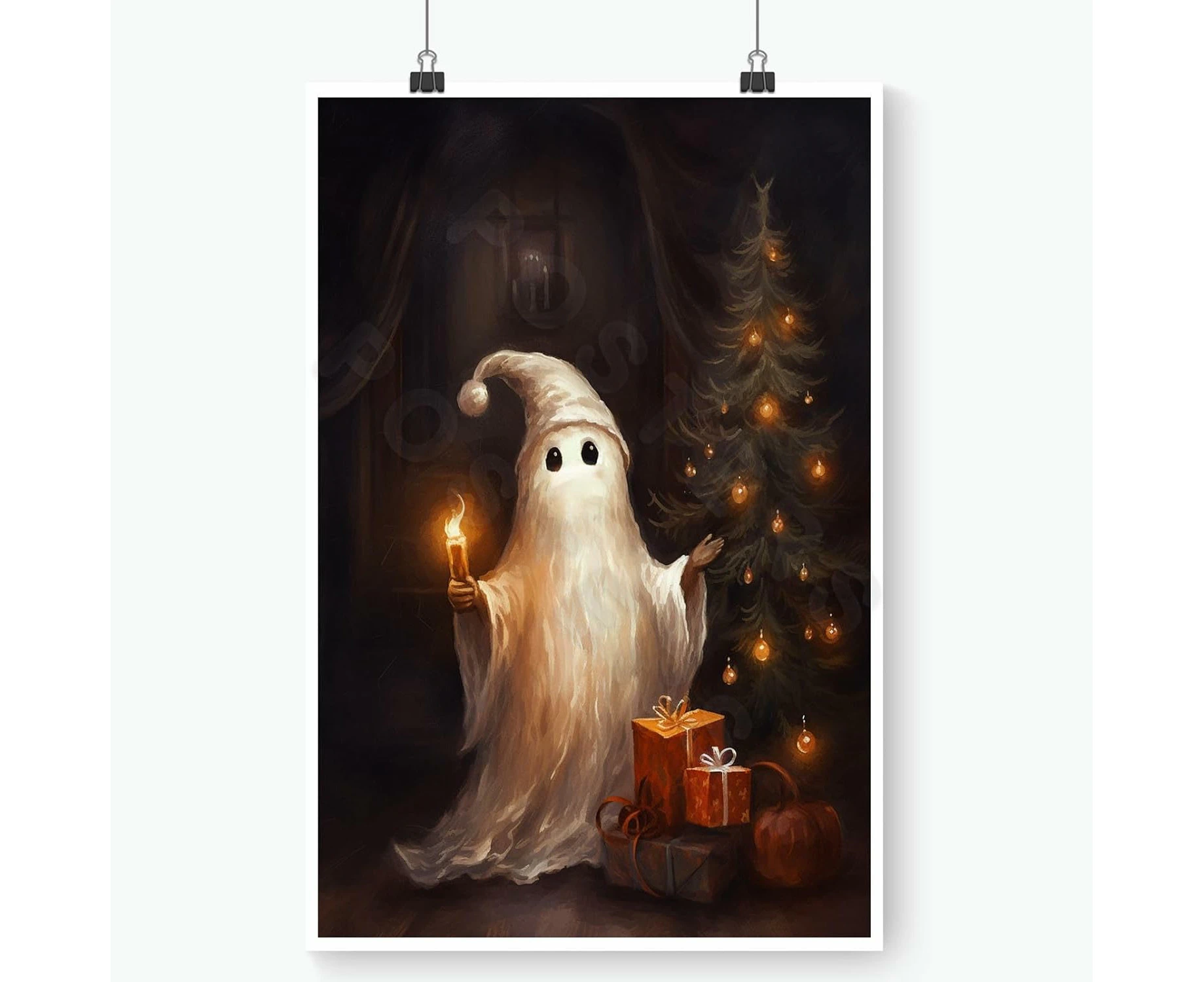 Christmas Ghost Print – Vintage Halloween Poster - Dark Academia Wall Art - Aesthetic Room & Family Decor - Canvas Wall Art - Unframed 12x16in