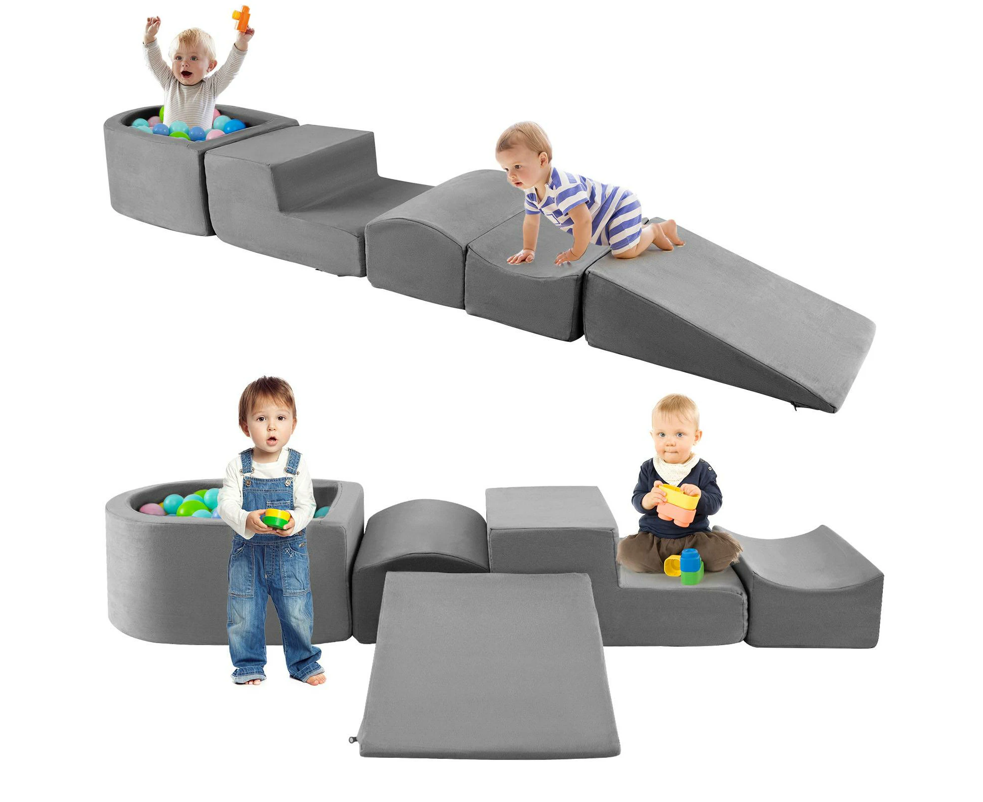 5PCS Kids Climb and Crawl Playset Soft Convertible Blocks w/Ball Pit Creative Building Blocks Kindergarten Grey