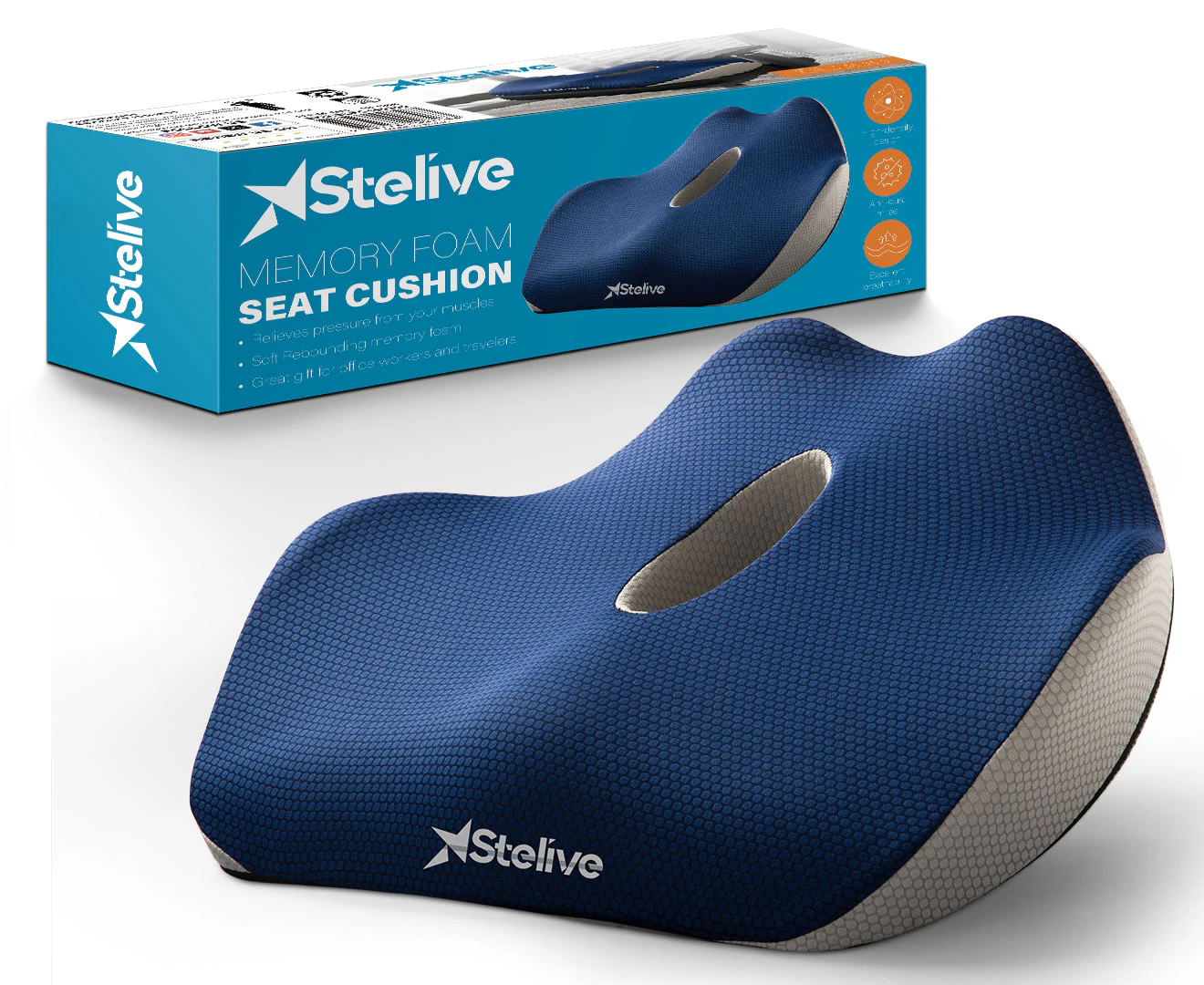 Stelive Memory Foam Seat Cushion Butt Support Pillow Office Chair Car Seat Cushion Coccyx Cushion Coccyx Pillow for Pain Relief (Blue, Grey)