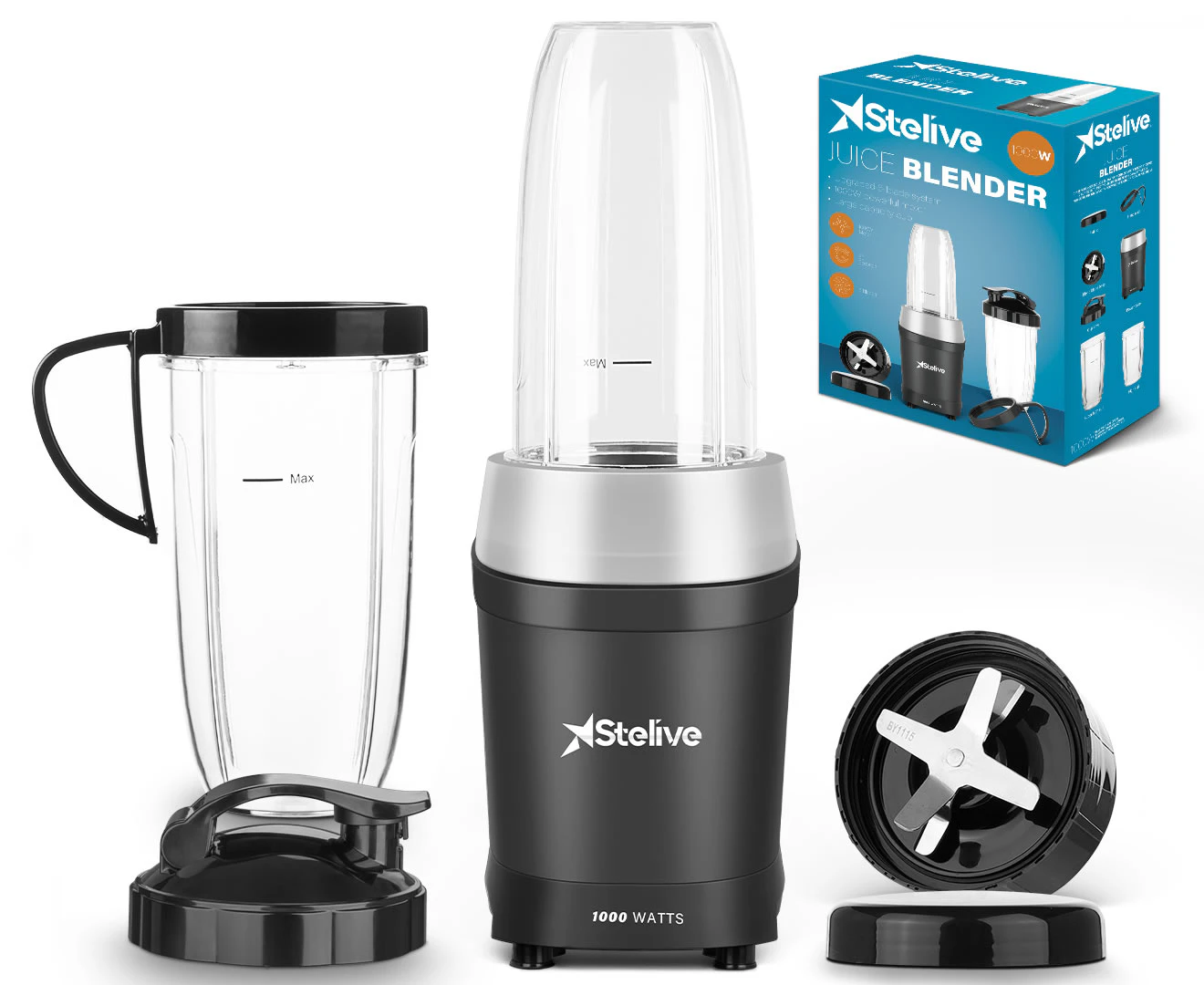 Stelive 1000W Electric Juice Blender Portable Blender Fresh Juice Mixer Smoothie Maker Electric Shakes Juicer Machine w/ 2 Cups & Portable Cup Lids (Black)