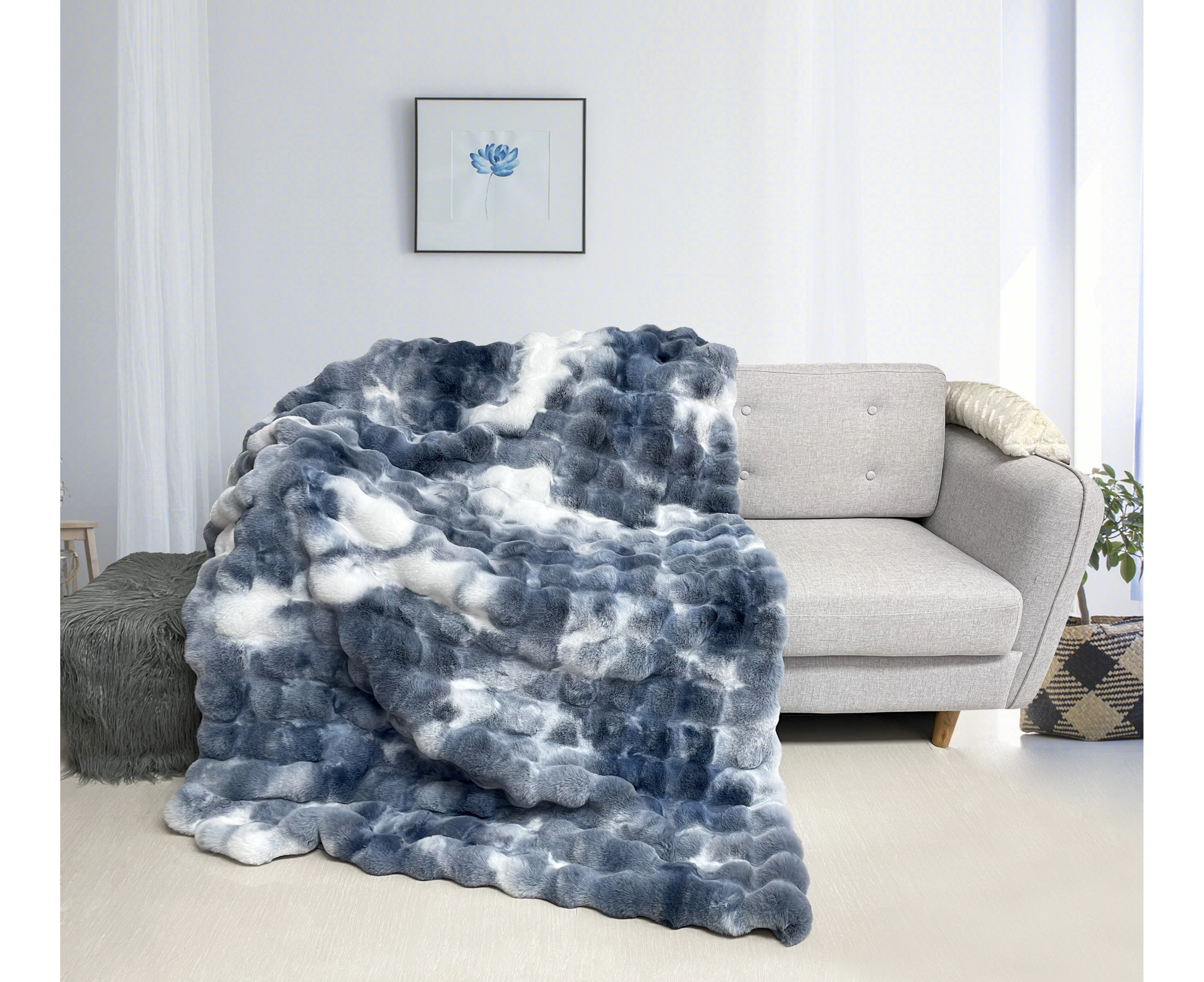 RAGA Decorative Extra Large Faux Rabbit Fur Throw Blanket for Couch Sofa Chair Bed, Soft Warm Cozy Rug (180x200 cm- Blue)