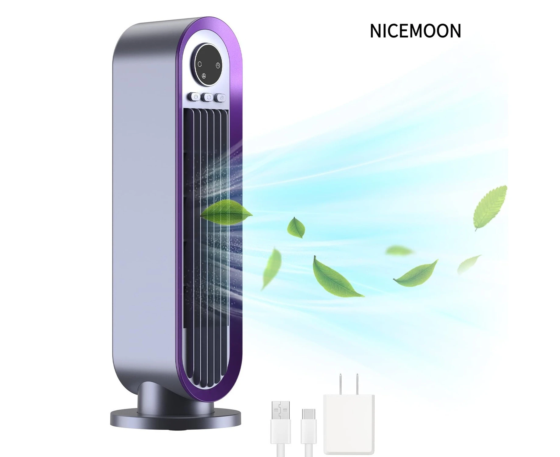 Electric Desktop Silent Tower Fan, 13 Inch Bladeless Fan with Timer and 3 Speeds, 90° Oscillation, for Bedroom, Office