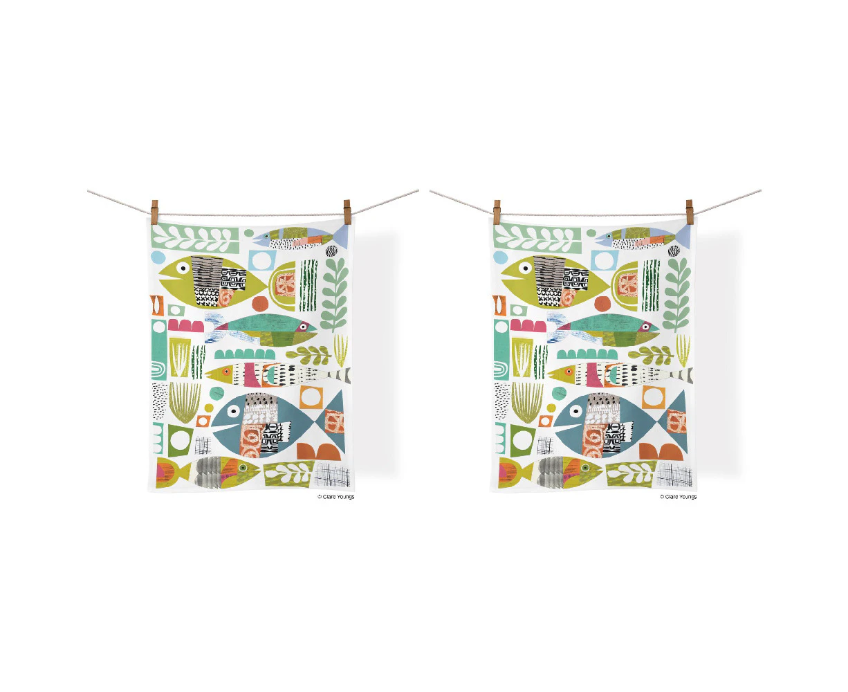 2x WerkShoppe Cotton Kitchen Tea Towel Drying Dish Cloth 53.5x71cm Fish School