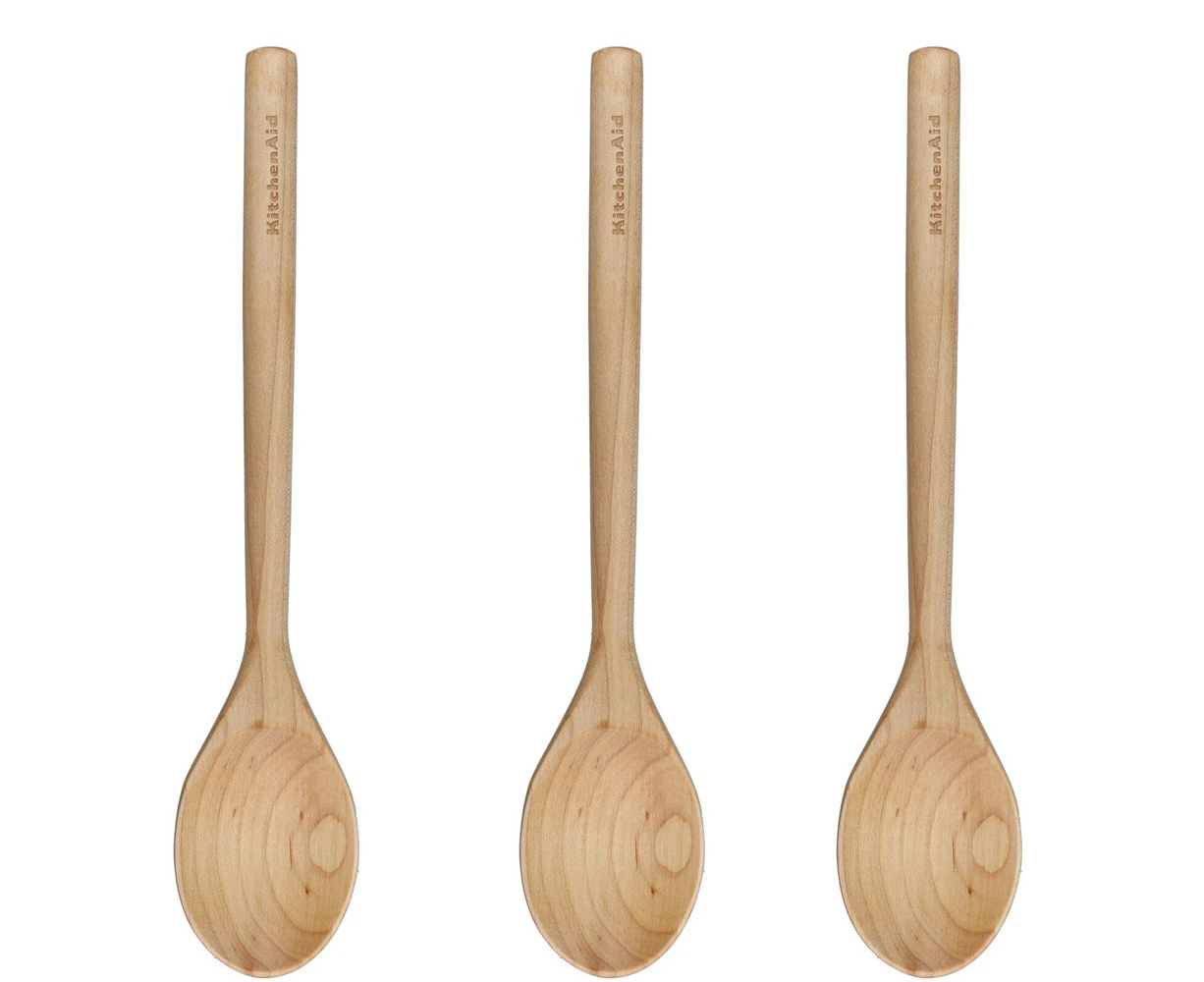 3x KitchenAid Maple Solid Basting Spoon Kitchen Cooking Utensil 33cm Light Wood