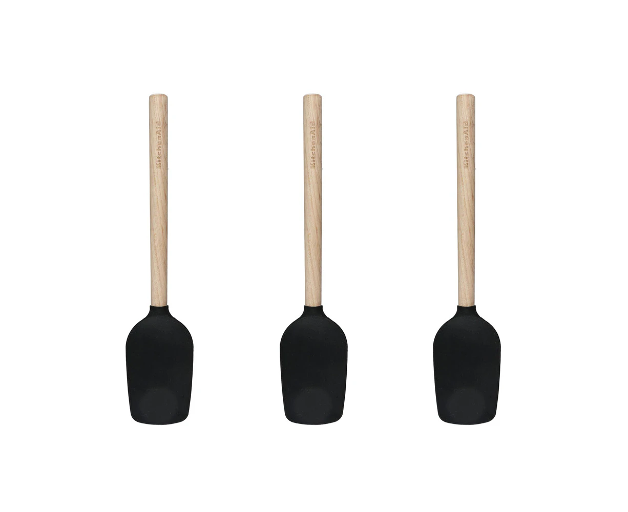 3x KitchenAid Silicone Spoon Spatula Utensil w/ Maple Wood Handle 30cm Black