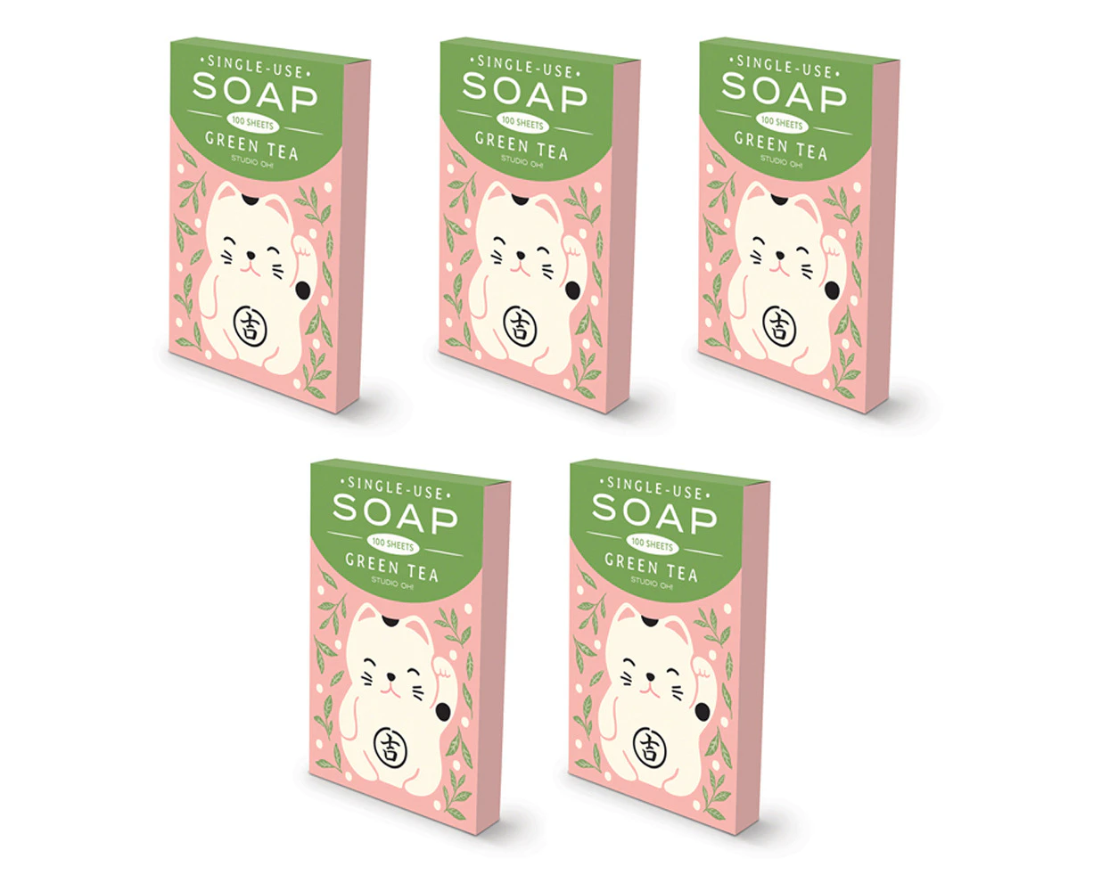 5x 100pc Studio Oh Single Use Paper Soap Sheet Portable 8.2cm Cat/Green Tea