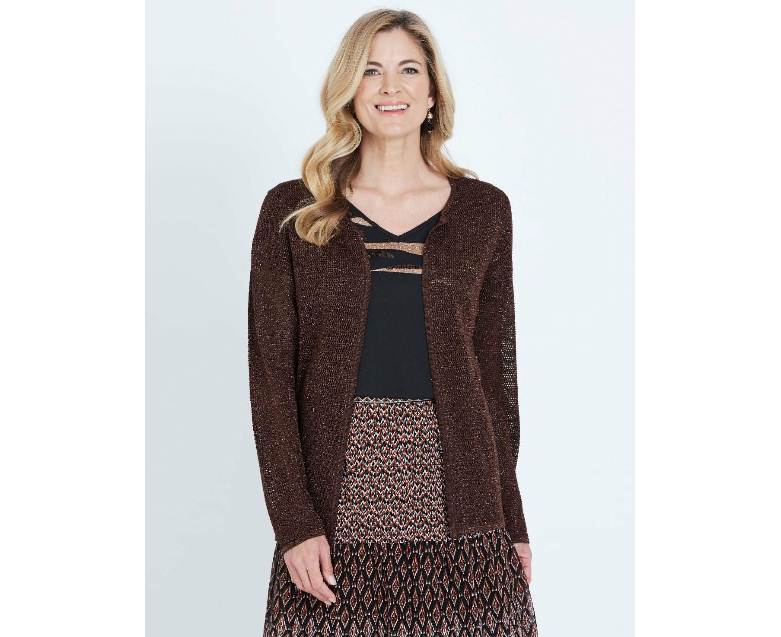 NONI B Womens Jumpers Cardigans Long Sleeve Lightweight Lurex Cardigan Chestnut Catch