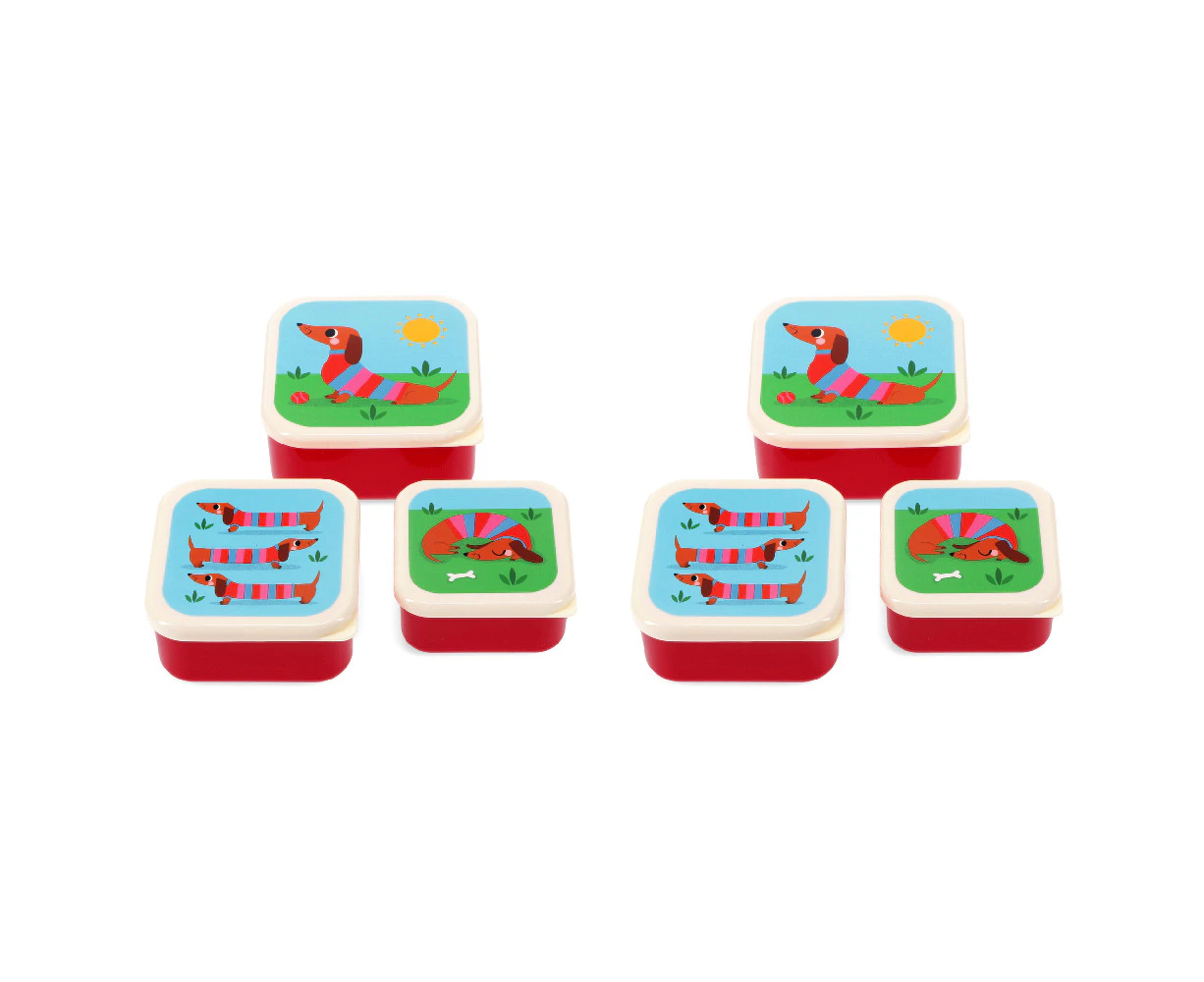 2x 3pc Rex London Kids Plastic Snack/Lunch Box Storage Square Set Sausage Dog