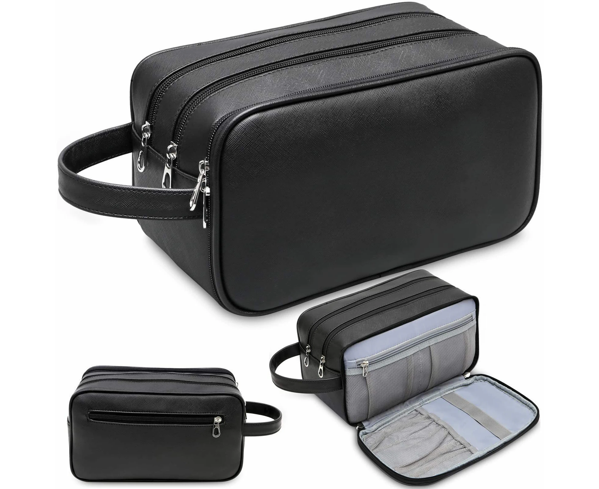 Travel Portable PU Leather Toiletry Bag Cosmetic Makeup Organizer Shaving Bag with Handle-Black