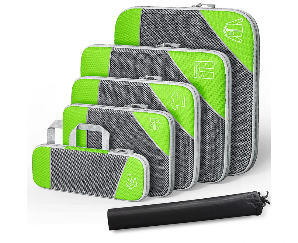 6 Pcs Compression Packing Cubes Expandable Organiser for Travel Green