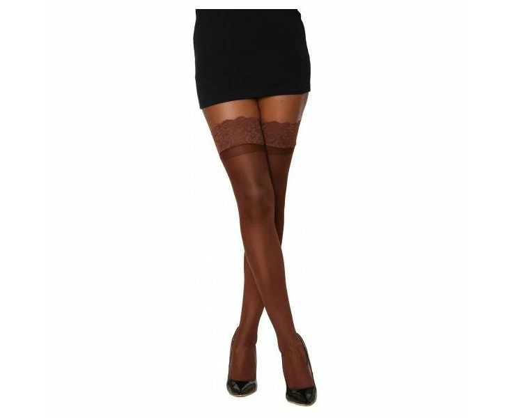 Dreamgirl Sheer Thigh High Stockings With Stay Up Lace Top Espresso O/s (model: 2023) Women's Sensual Lingerie For Seductive Leg Appeal One Size Fits