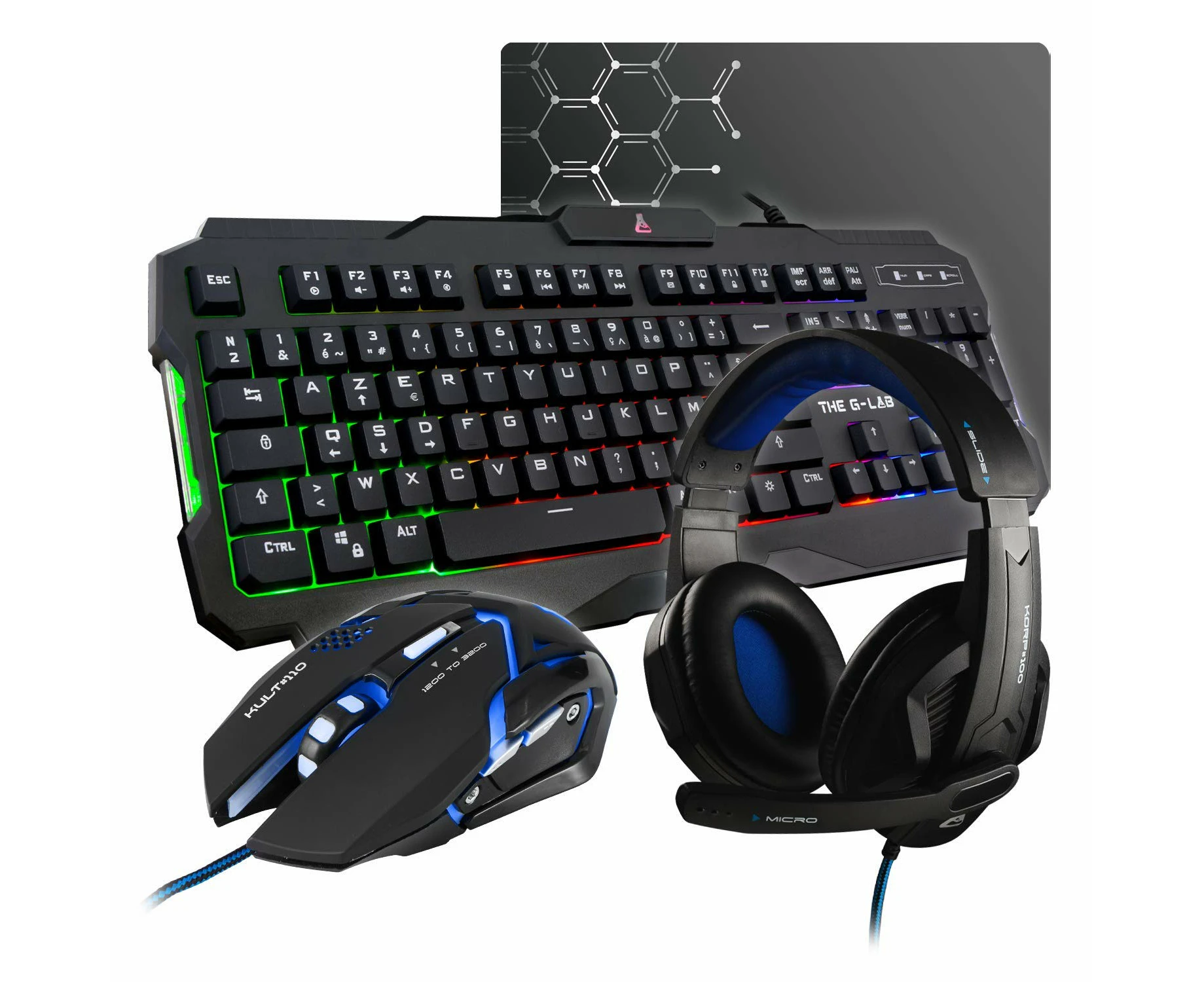 The G-Lab ARGON Combo 4 in 1 Gaming Set - Backlit AZERTY Keyboard, 3200 DPI Gamer Mouse, Headset Microphone, Non-Slip Mouse Pad - Gamer Pack PC PS4 Xbox O