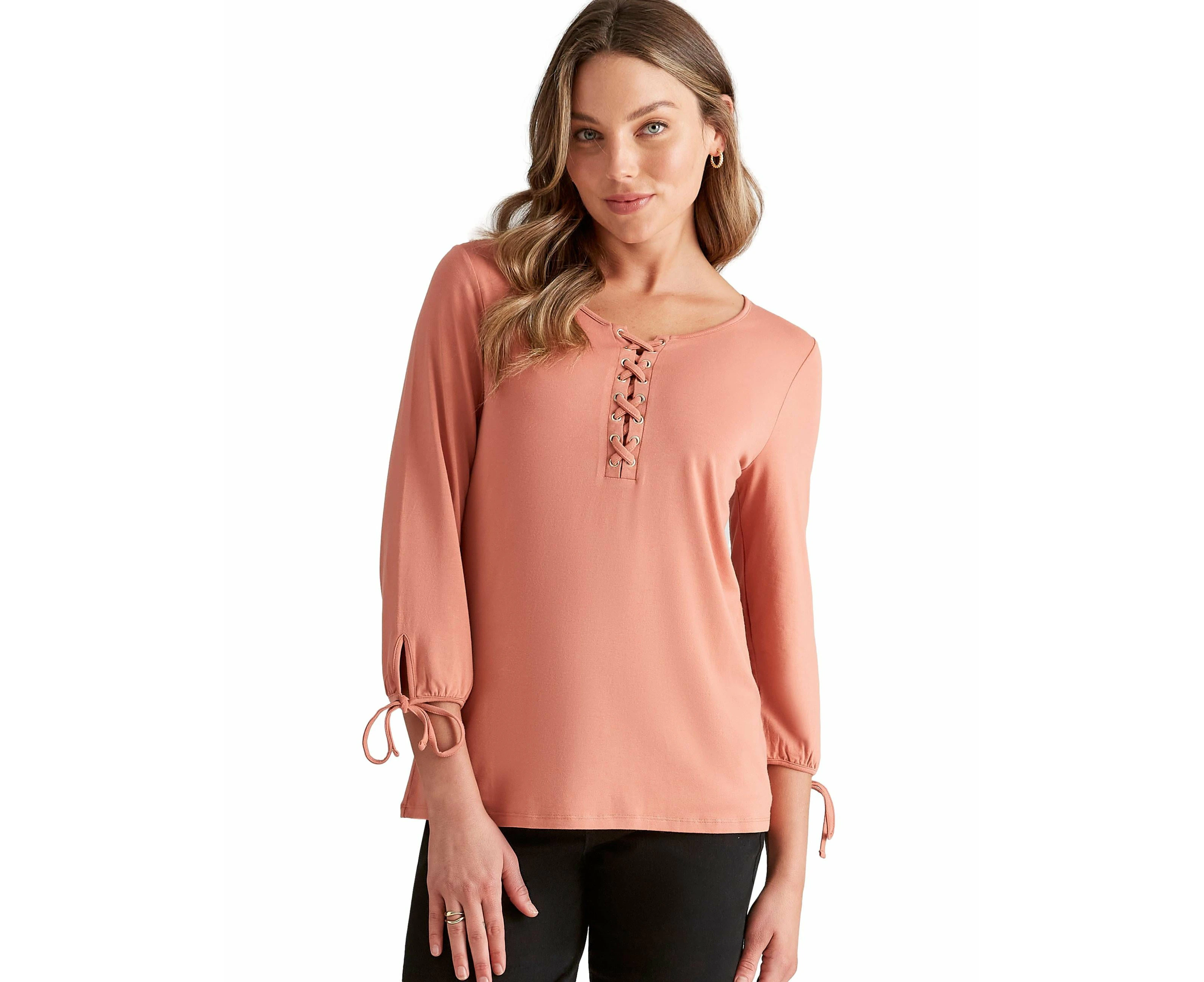 Rockmans - Womens - Tops - Winter - Basic - Pink - 3/4 Sleeve - Scoop Neck - Relaxed Fit - Length Long - Casual Fashion - Office Wear - Work Clothes