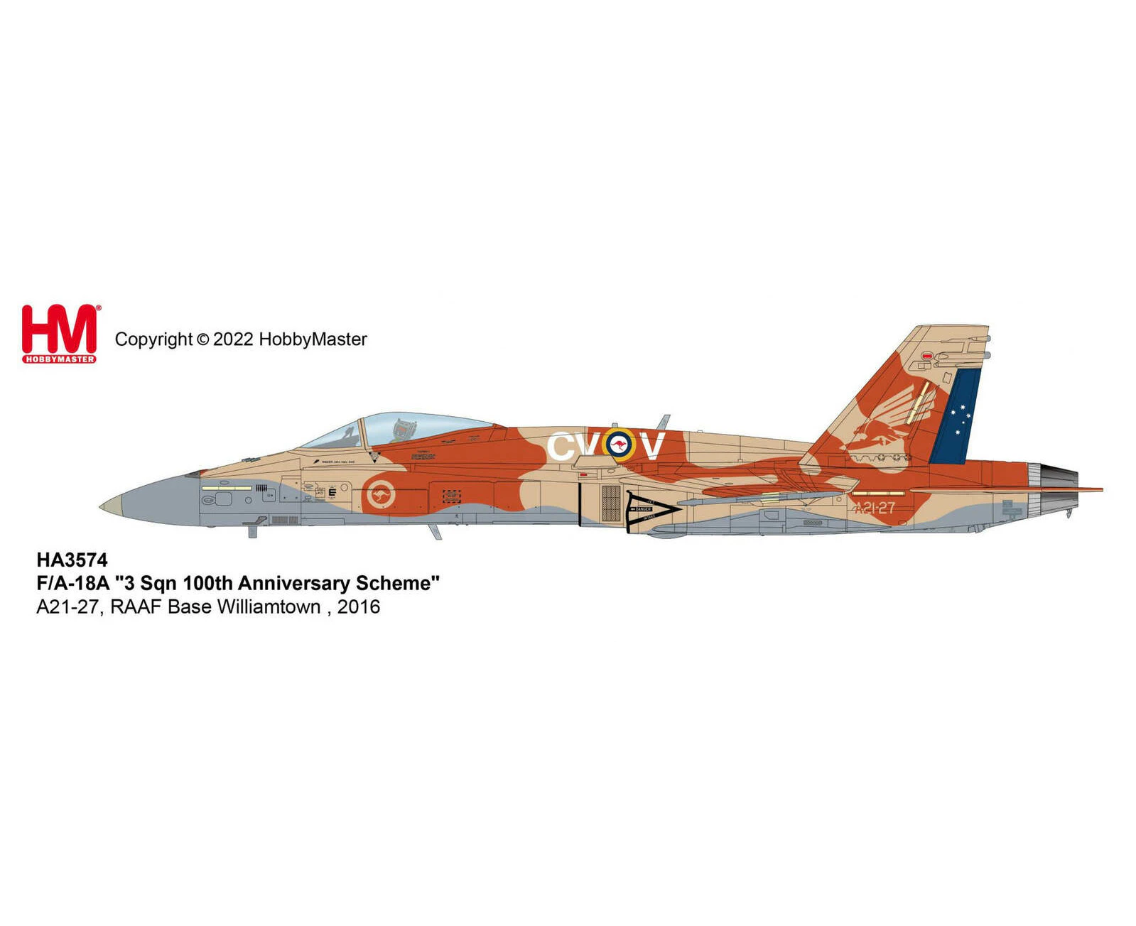 Hobby Master 1/72 F/A-18A "3 Sqn 100th Anniversary Scheme" A21-27, RAAF Base Williamtown , 2016 Diecast Aircraft