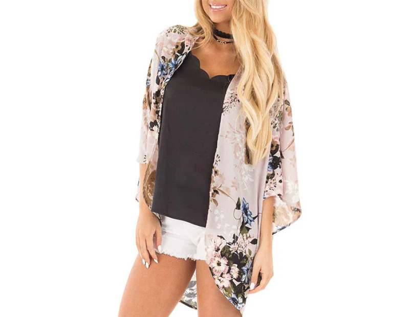 Strapsco Women's Summer Floral Print Kimonos Loose Half Sleeve Chiffon Cardigan Blouses Casual Cover Up - Grey Pink