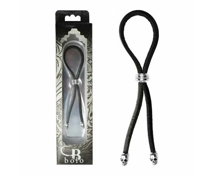 Bolo Leather Lasso Cock Ring With Bead Slider And Skull Tips Model X1 Men's Erection Enhancer Black Silver