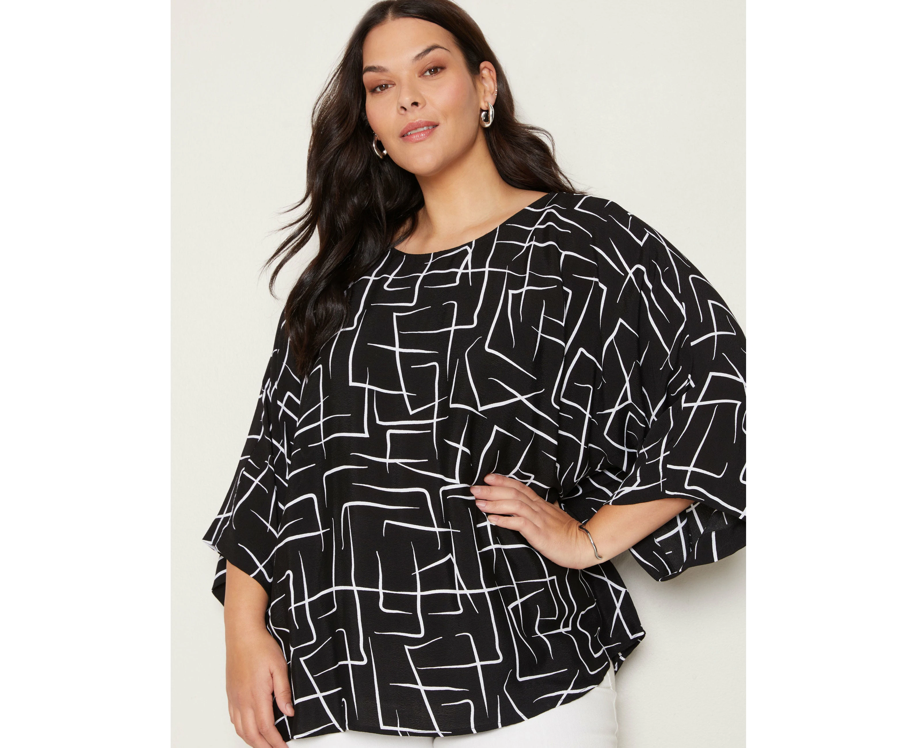 Autograph - Womens Plus Size - Tops - Winter - Kaftan - Black - 3/4 Sleeve - Boat Neck - Oversized - Length Long - Abstract - Casual Work Clothes