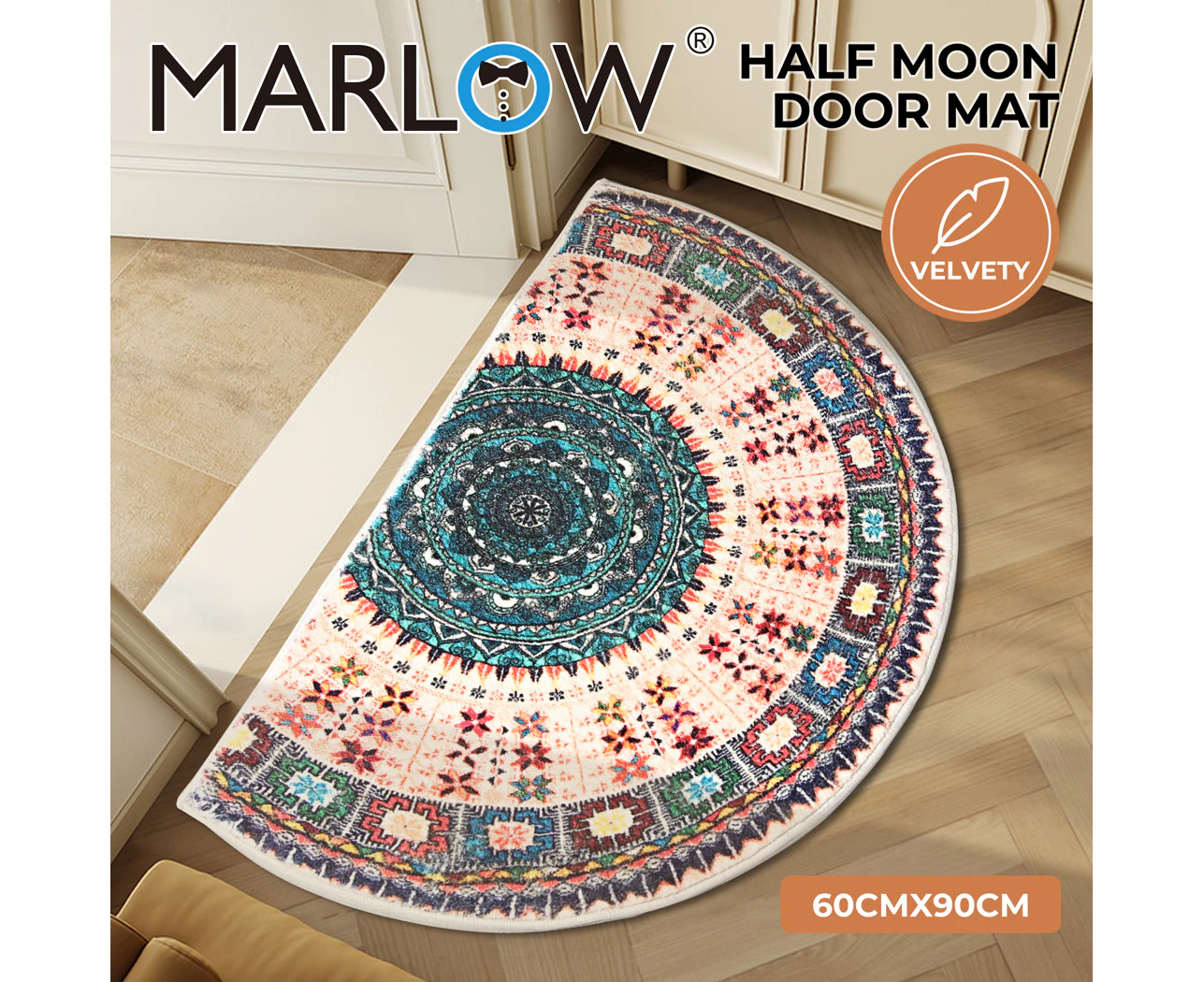 Marlow Door Mat Half Moon Semi-Circle Velvety Non Slip Entrance Floor Rug 60x90