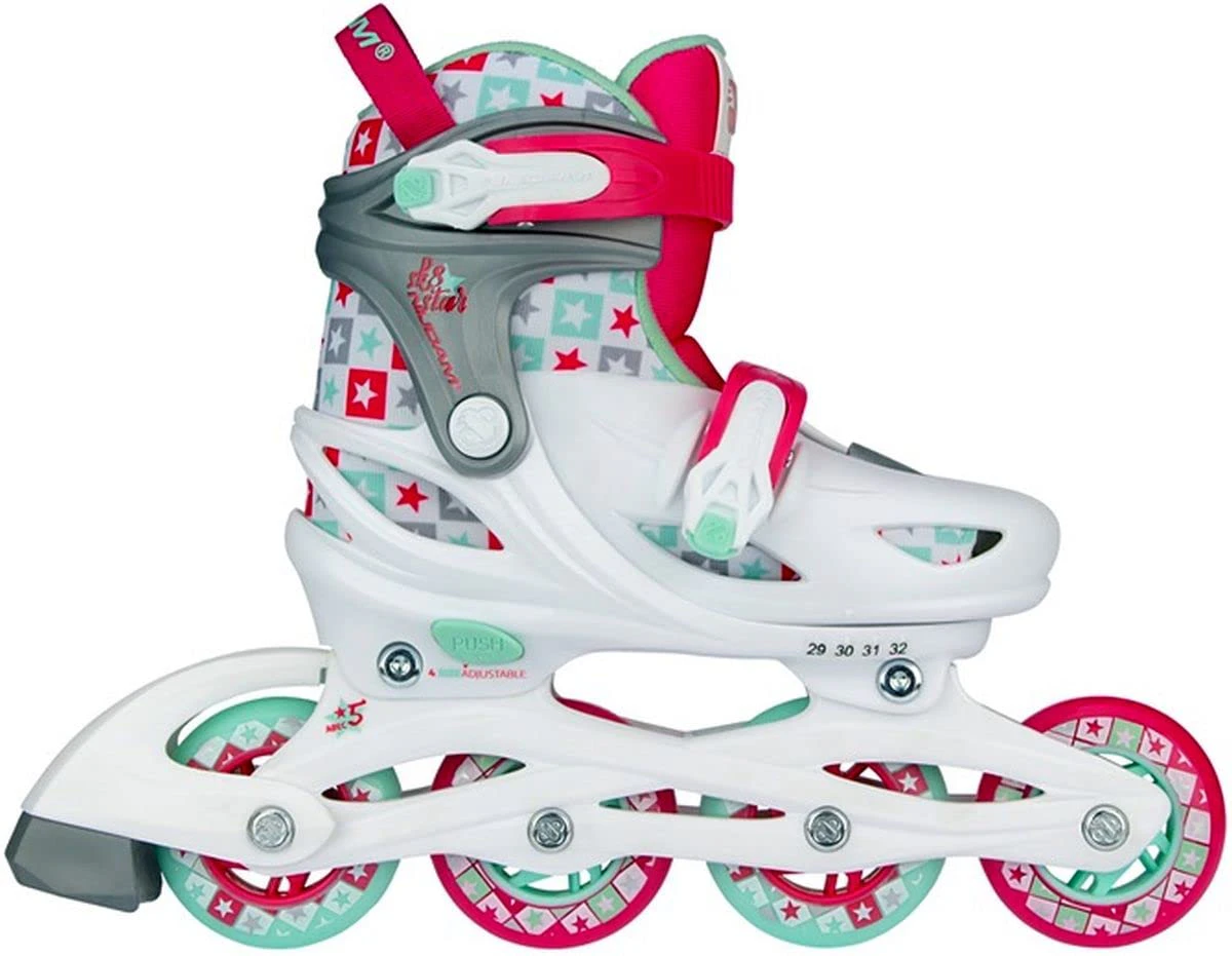 Nijdam Unisex Youth Sk8 Star Inline Skates Adjustable, Unisex Youth, Inline skates adjustable., White/Fuchsia/Mint Green/Silver Grey