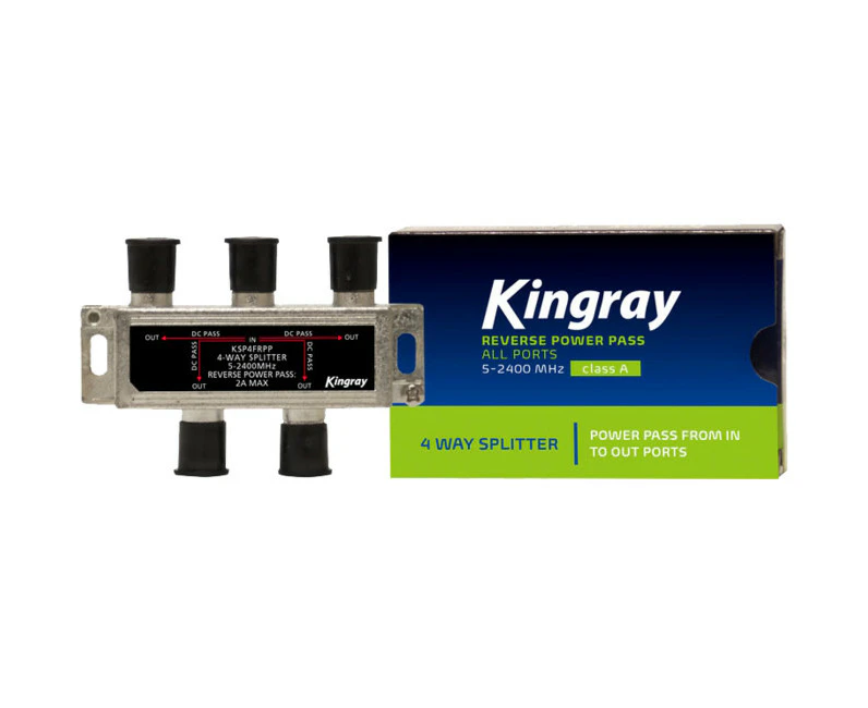 KINGRAY KSP4FRPP  4 Way 5-2400 Mhz Splitter Reverse Power Pass All Ports  the Voltage Passes Through the Splitter To Power Active Taps  4 WAY 5-2400