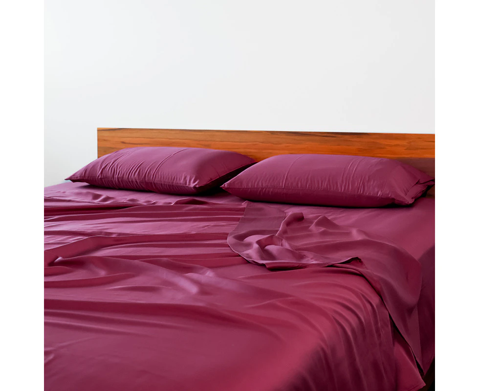 RAGA 100% Tencel Bed Sheet Set, 375 Thick Thread Count and Sateen Weave, Durable and Super Soft, 4 Pieces Sheet Set, Solid Plain Color - Burgundy